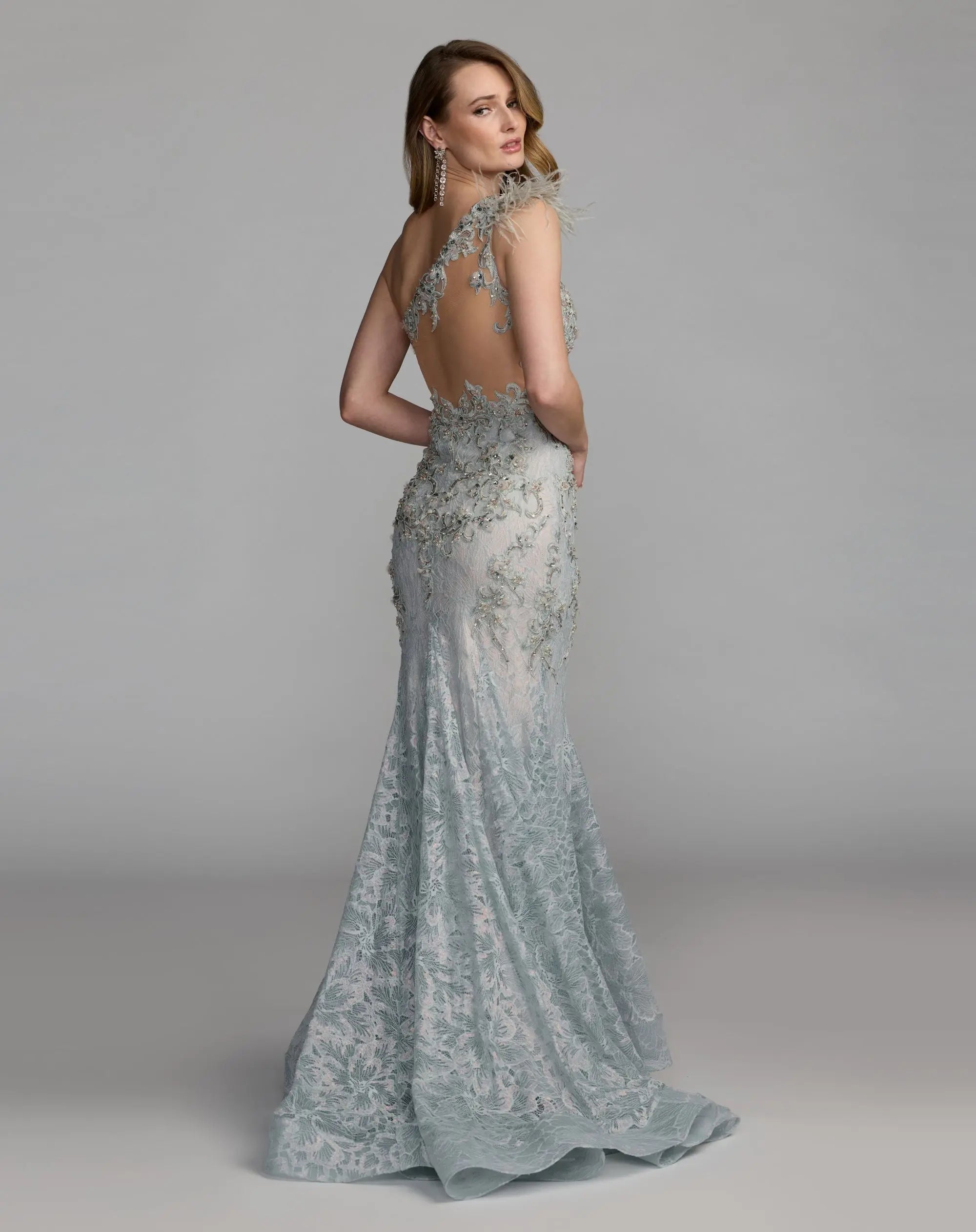Blue Embellished Lace One Shoulder Gown With Feather Detail-Myartka