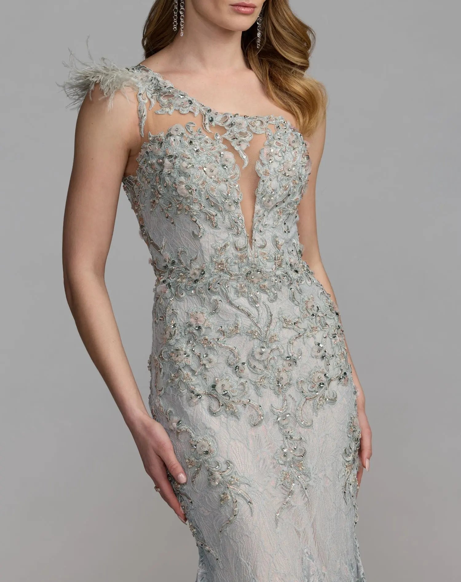 Blue Embellished Lace One Shoulder Gown With Feather Detail-Myartka