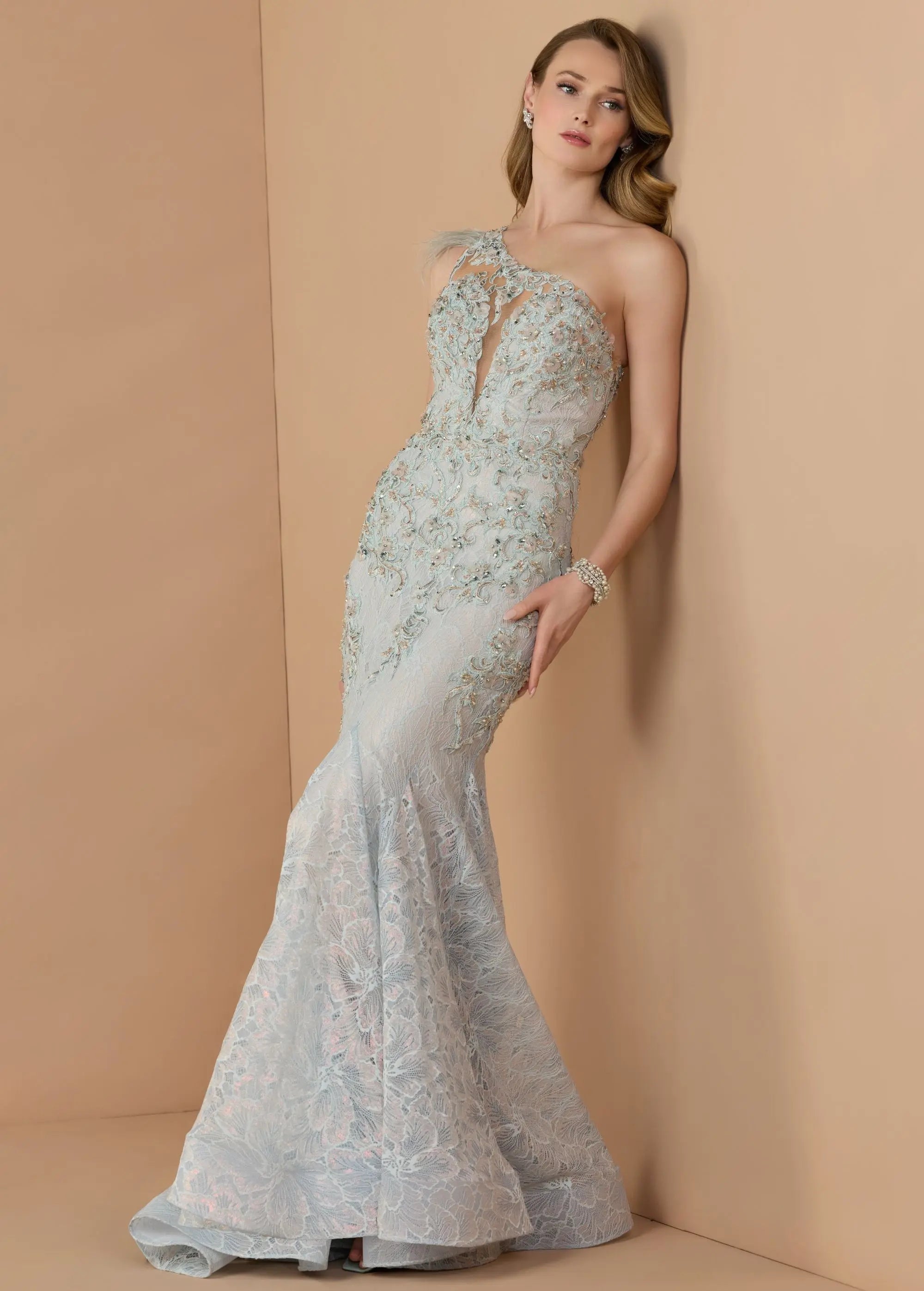 Blue Embellished Lace One Shoulder Gown With Feather Detail-Myartka