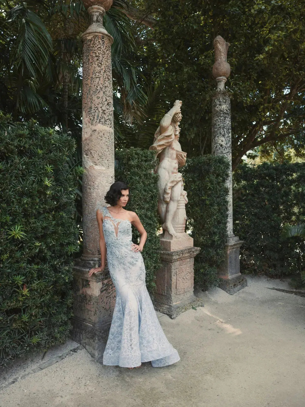 Blue Embellished Lace One Shoulder Gown With Feather Detail-Myartka