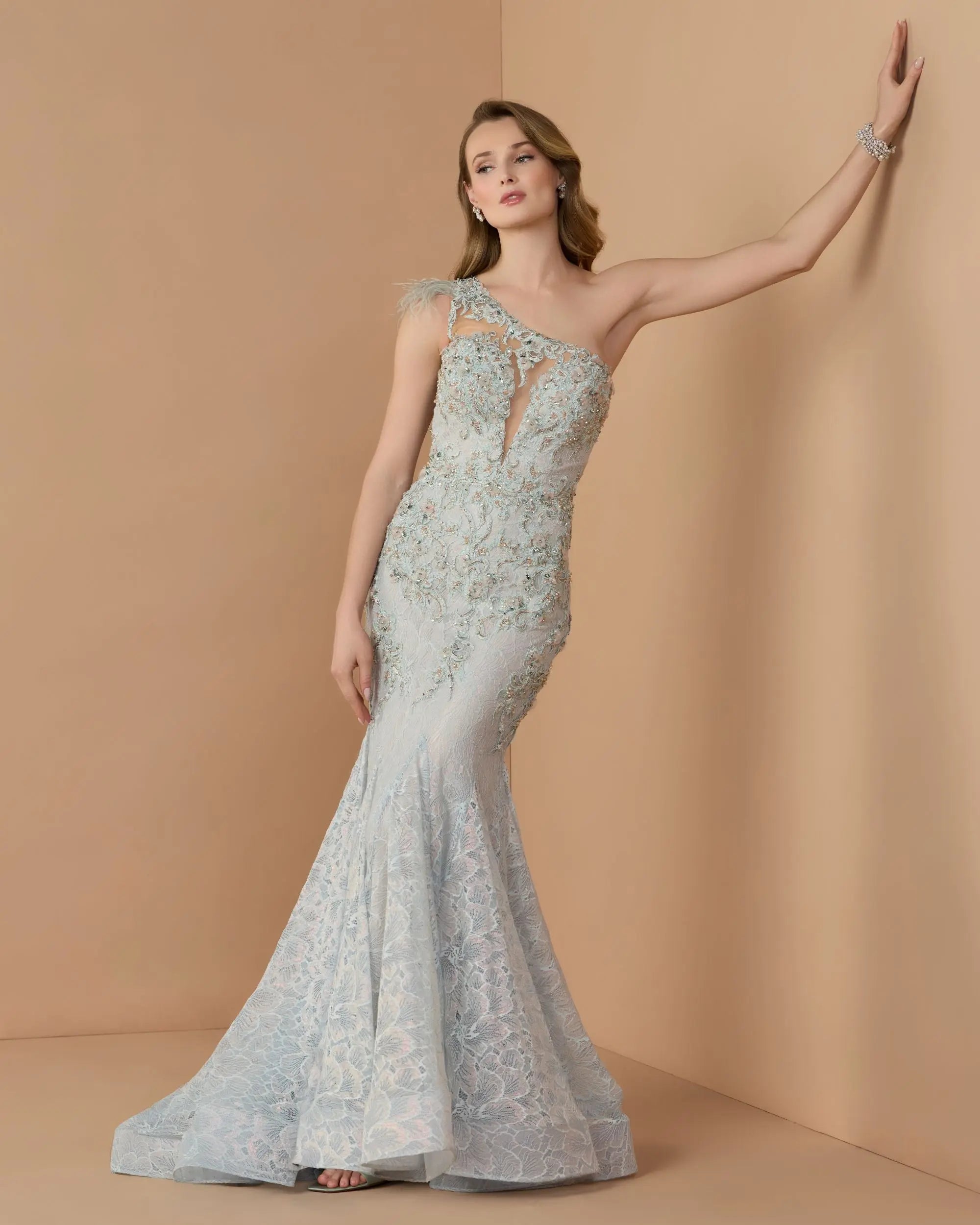 Blue Embellished Lace One Shoulder Gown With Feather Detail-Myartka