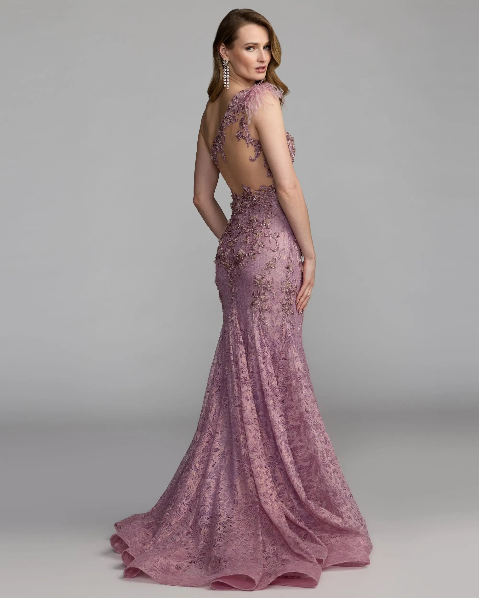 Pink Embellished Lace One Shoulder Gown With Feather Detail-Myartka