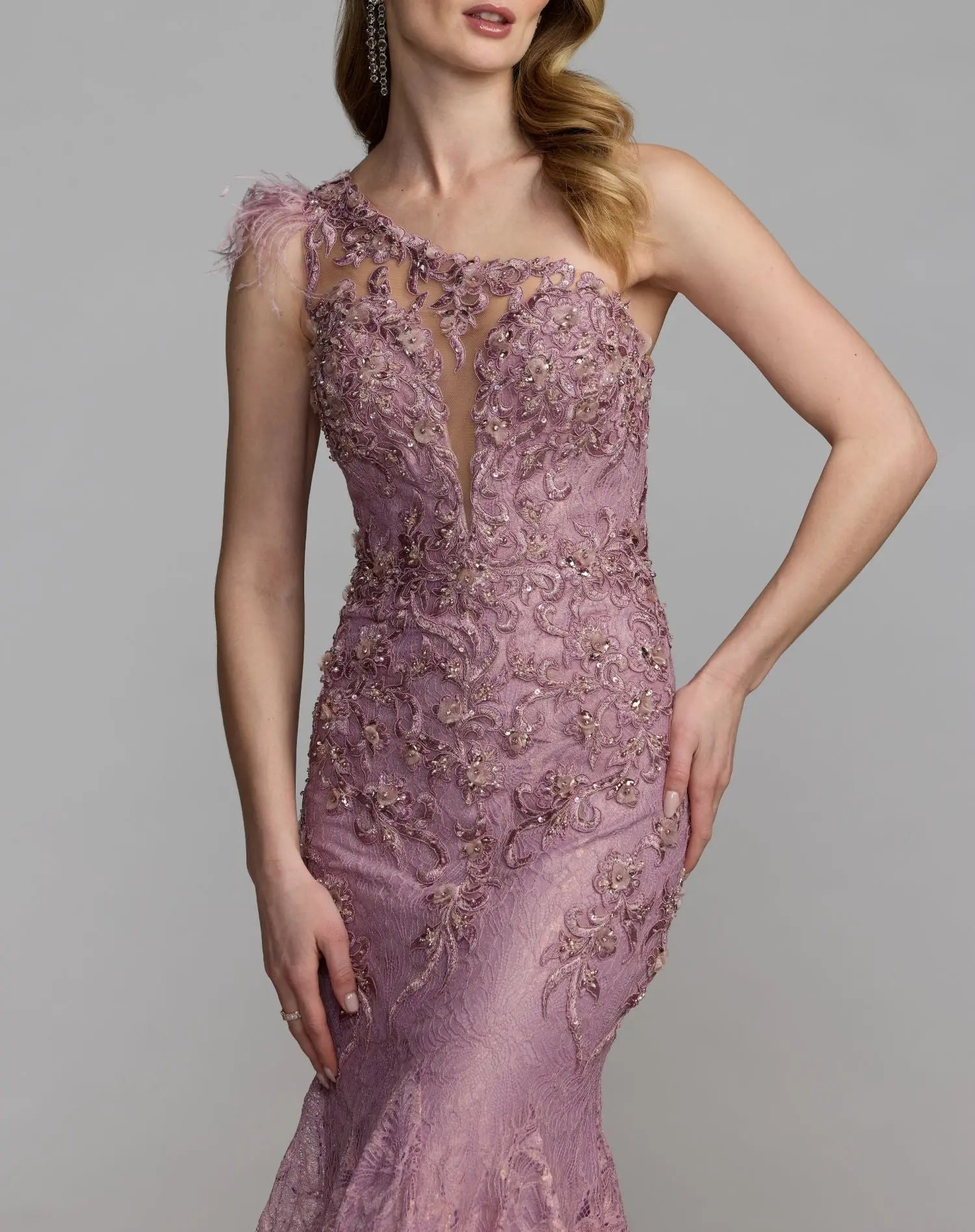Pink Embellished Lace One Shoulder Gown With Feather Detail-Myartka