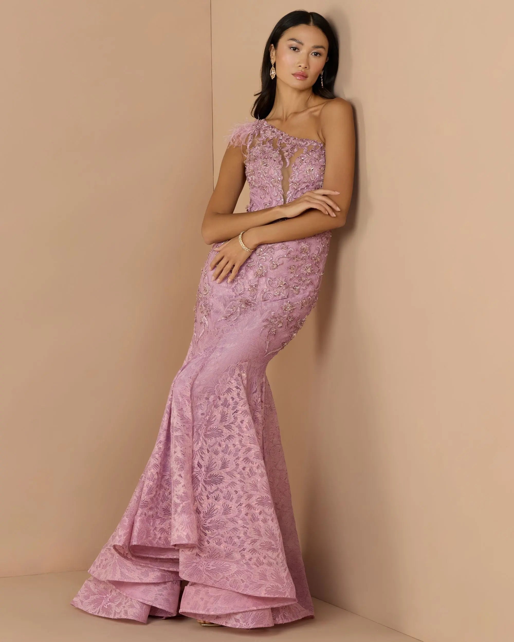 Pink Embellished Lace One Shoulder Gown With Feather Detail-Myartka