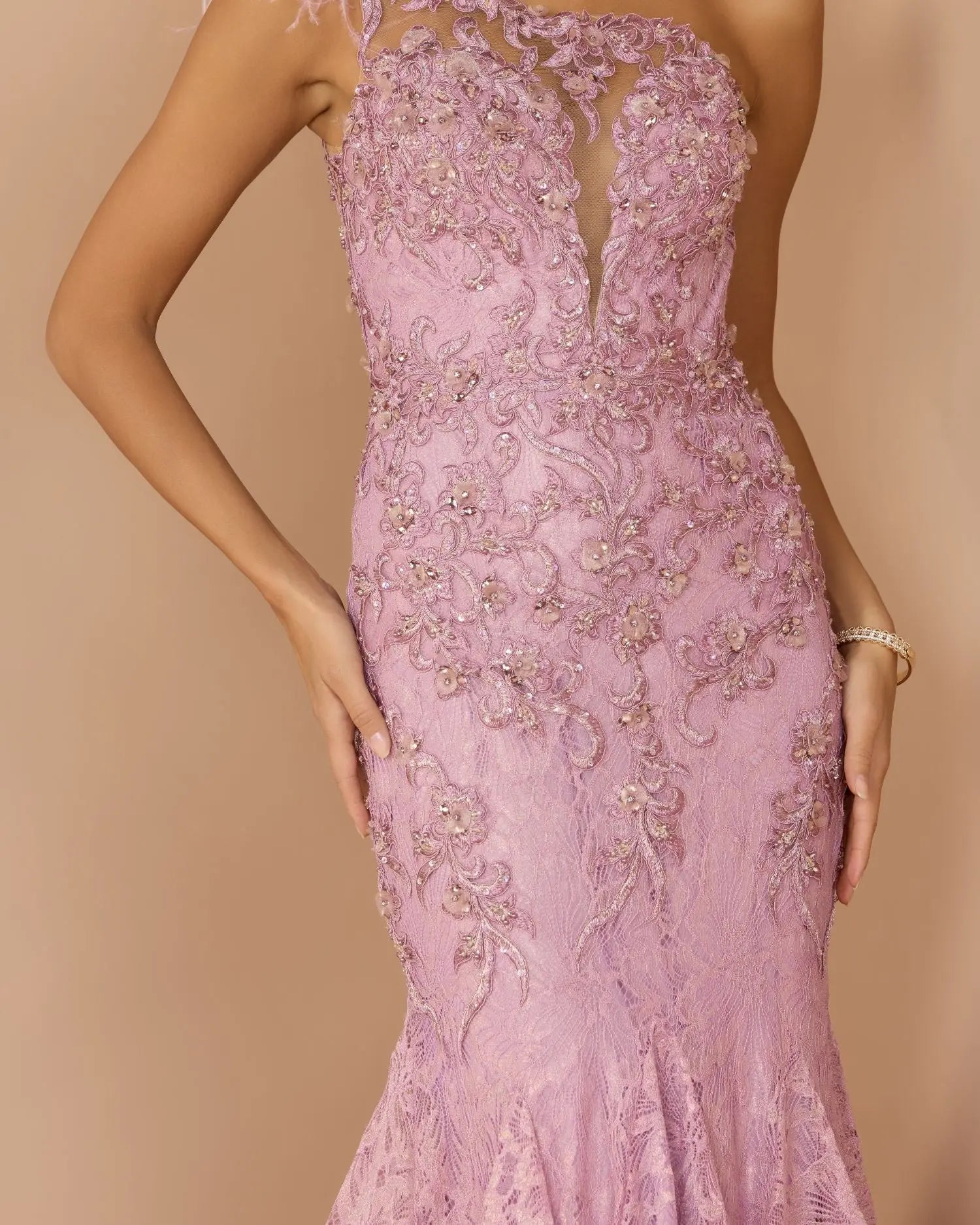 Pink Embellished Lace One Shoulder Gown With Feather Detail-Myartka