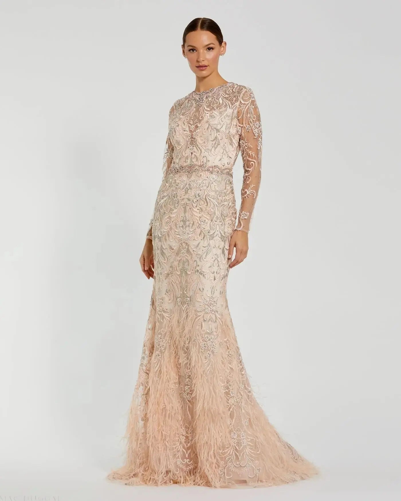 Pink Embroidered Long Sleeve Gown With Feather Hem-Myartka
