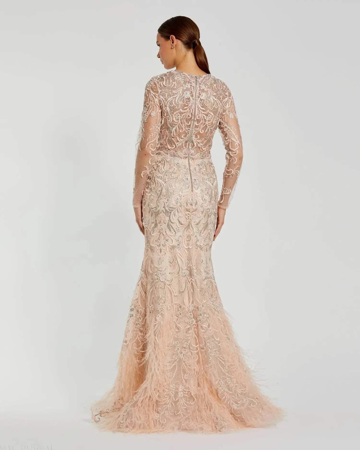 Pink Embroidered Long Sleeve Gown With Feather Hem-Myartka