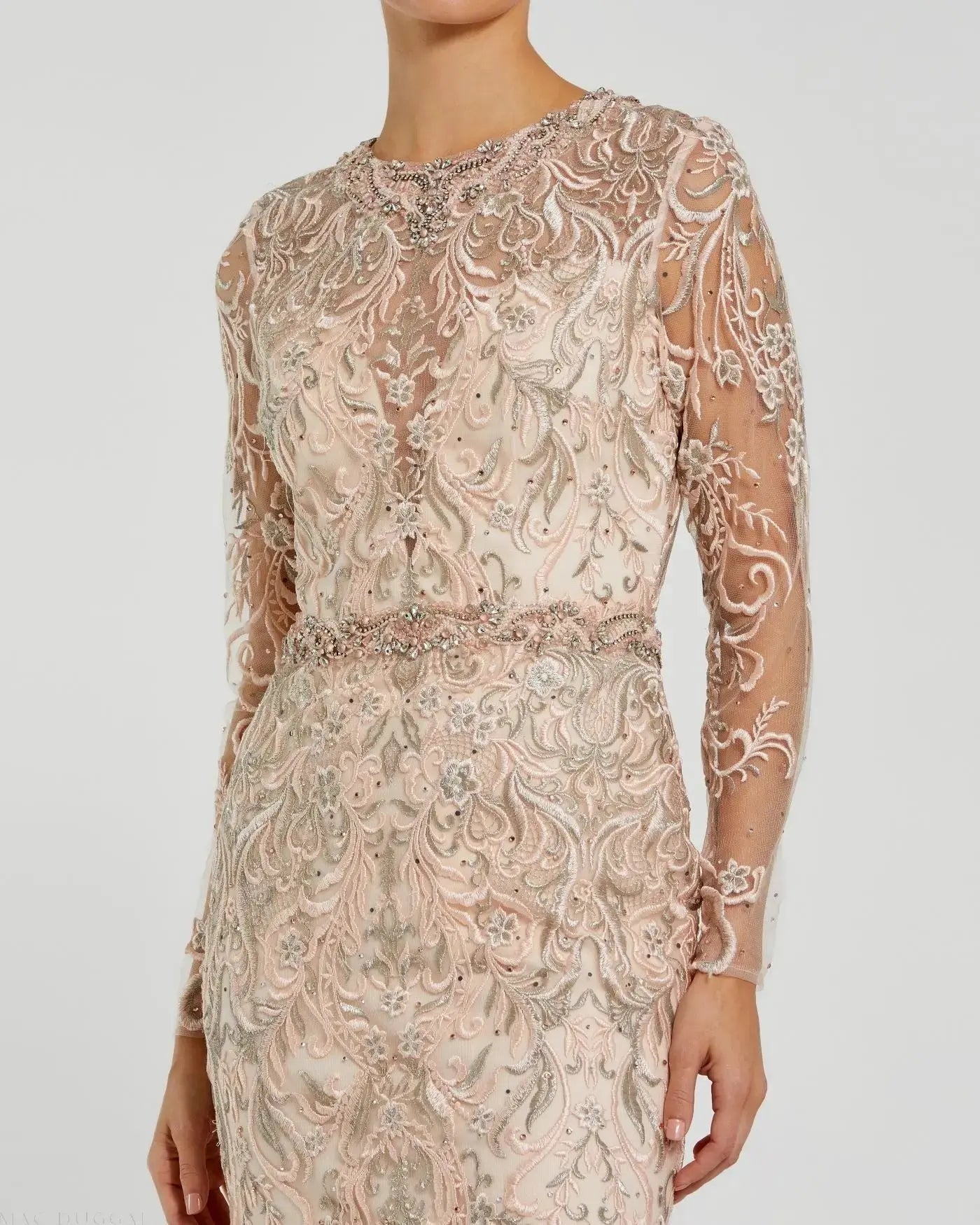 Pink Embroidered Long Sleeve Gown With Feather Hem-Myartka