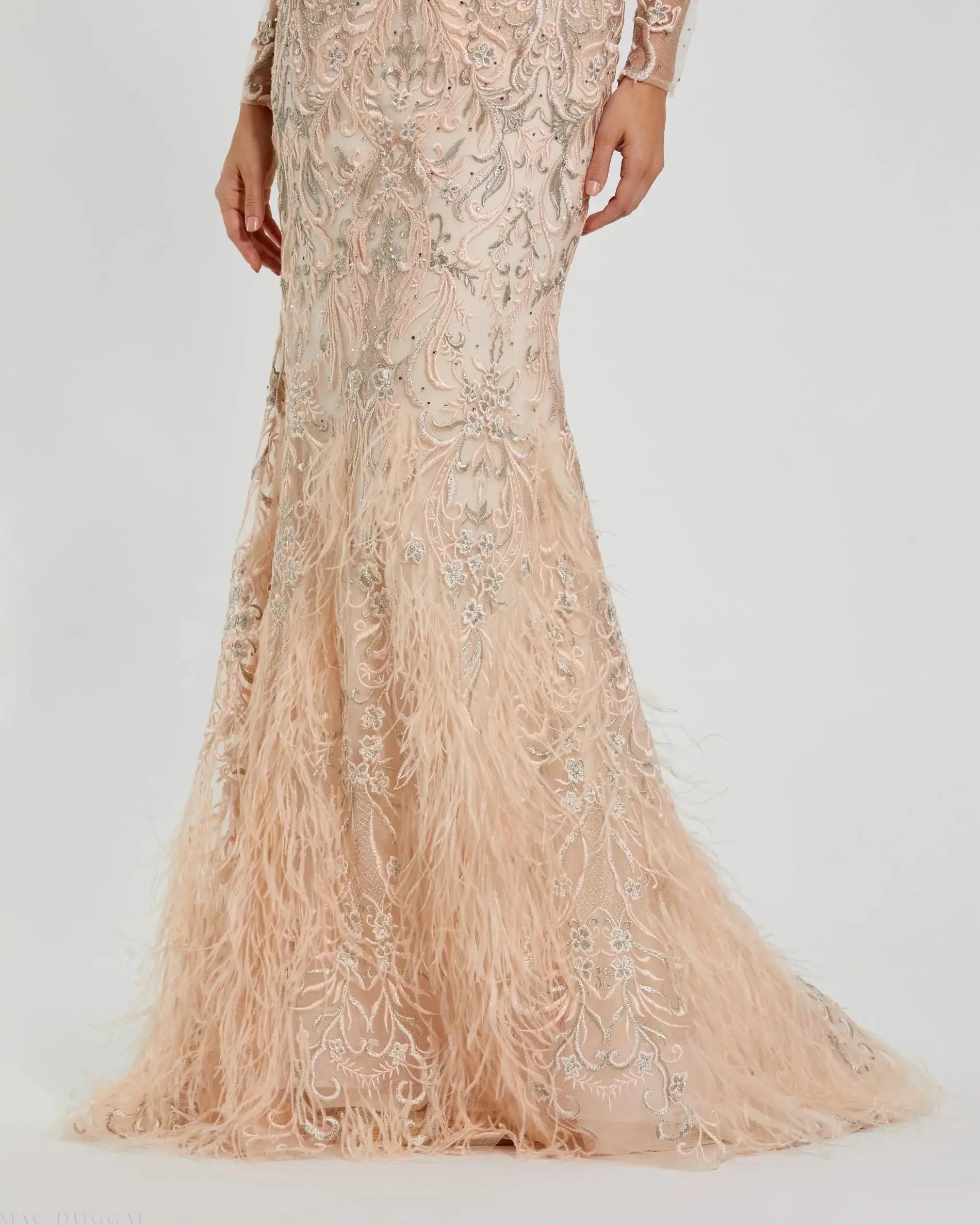 Pink Embroidered Long Sleeve Gown With Feather Hem-Myartka