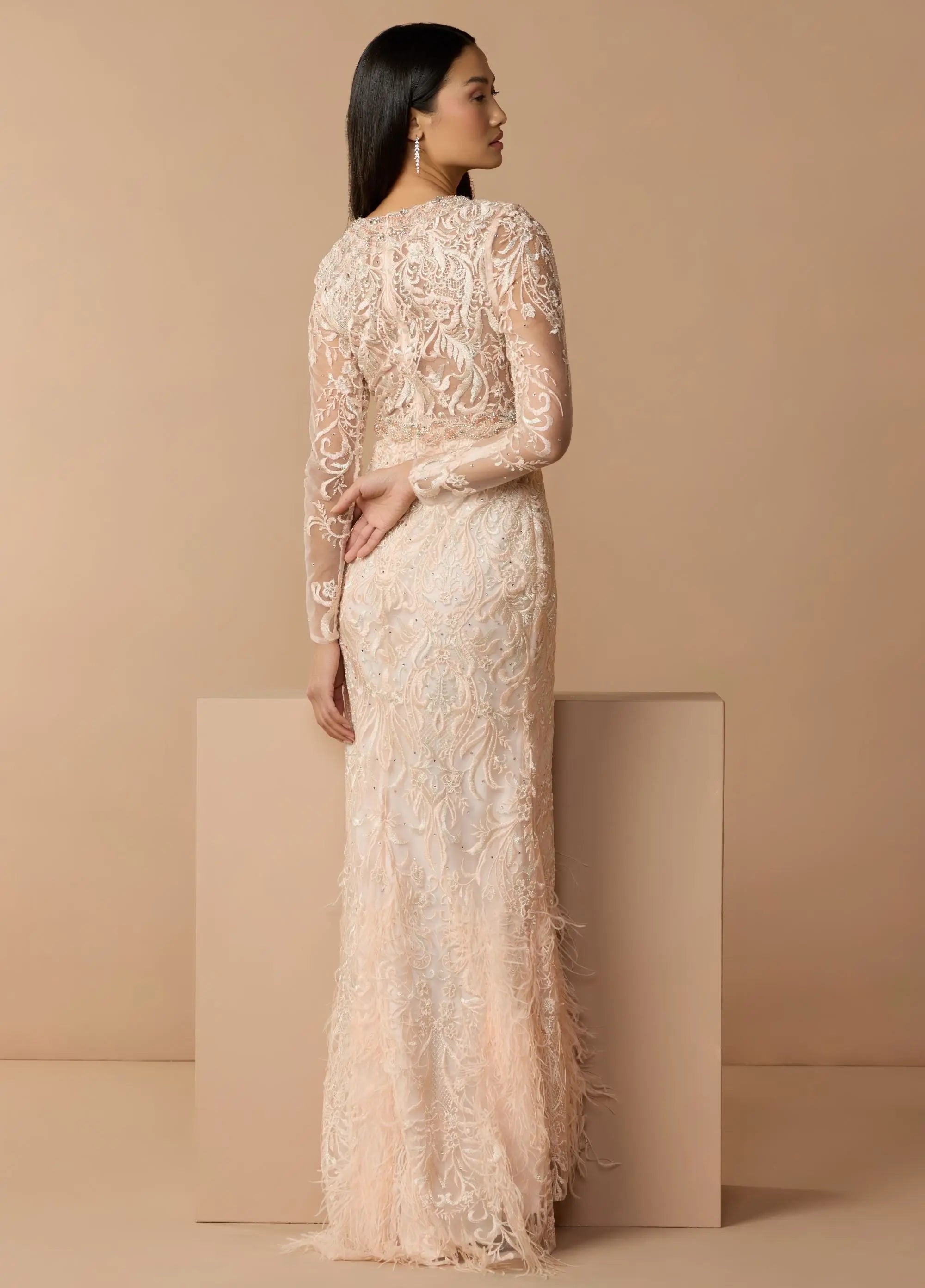 Pink Embroidered Long Sleeve Gown With Feather Hem-Myartka