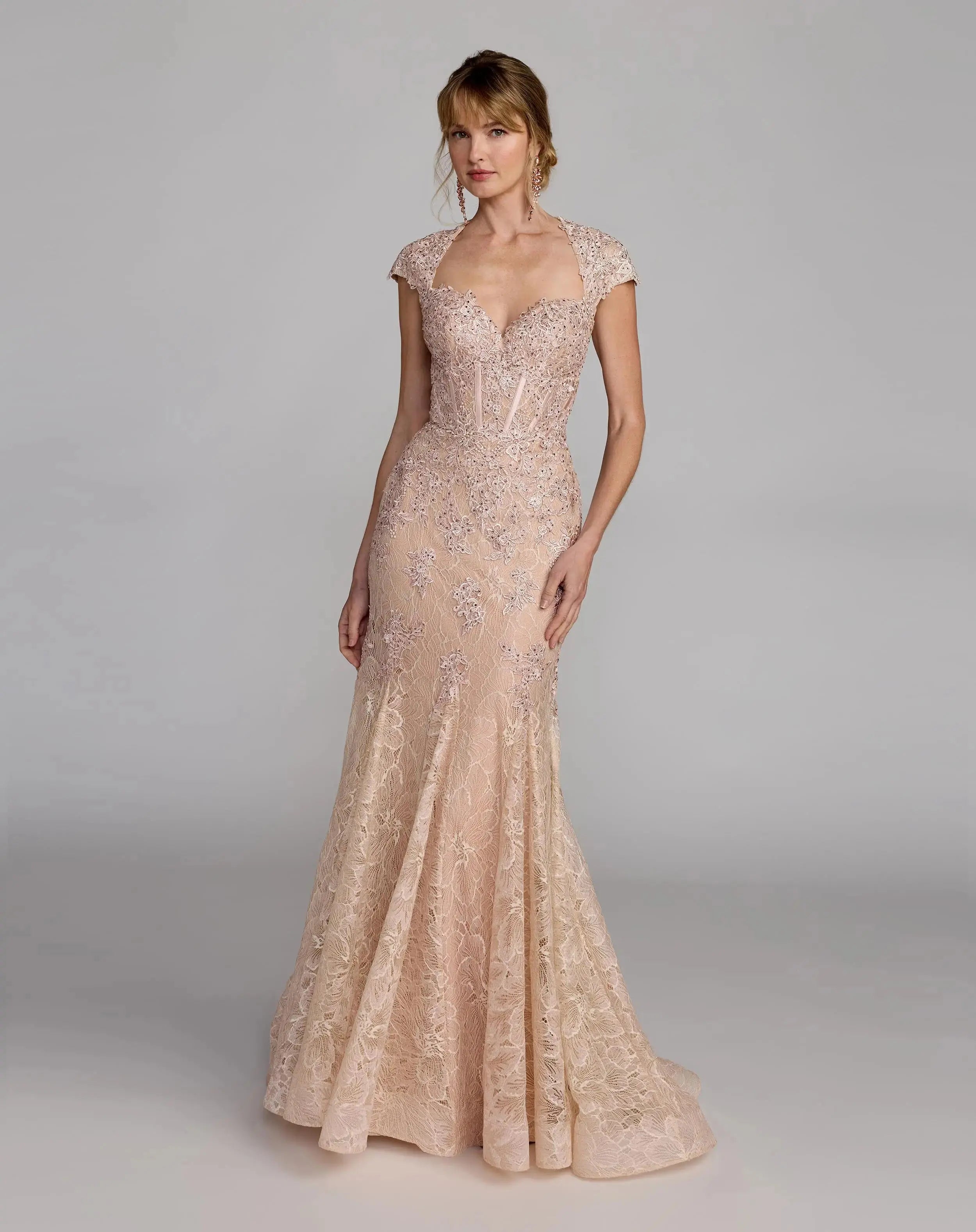 Pink Embroidered Lace Mermaid Gown With Cap Sleeves-Myartka