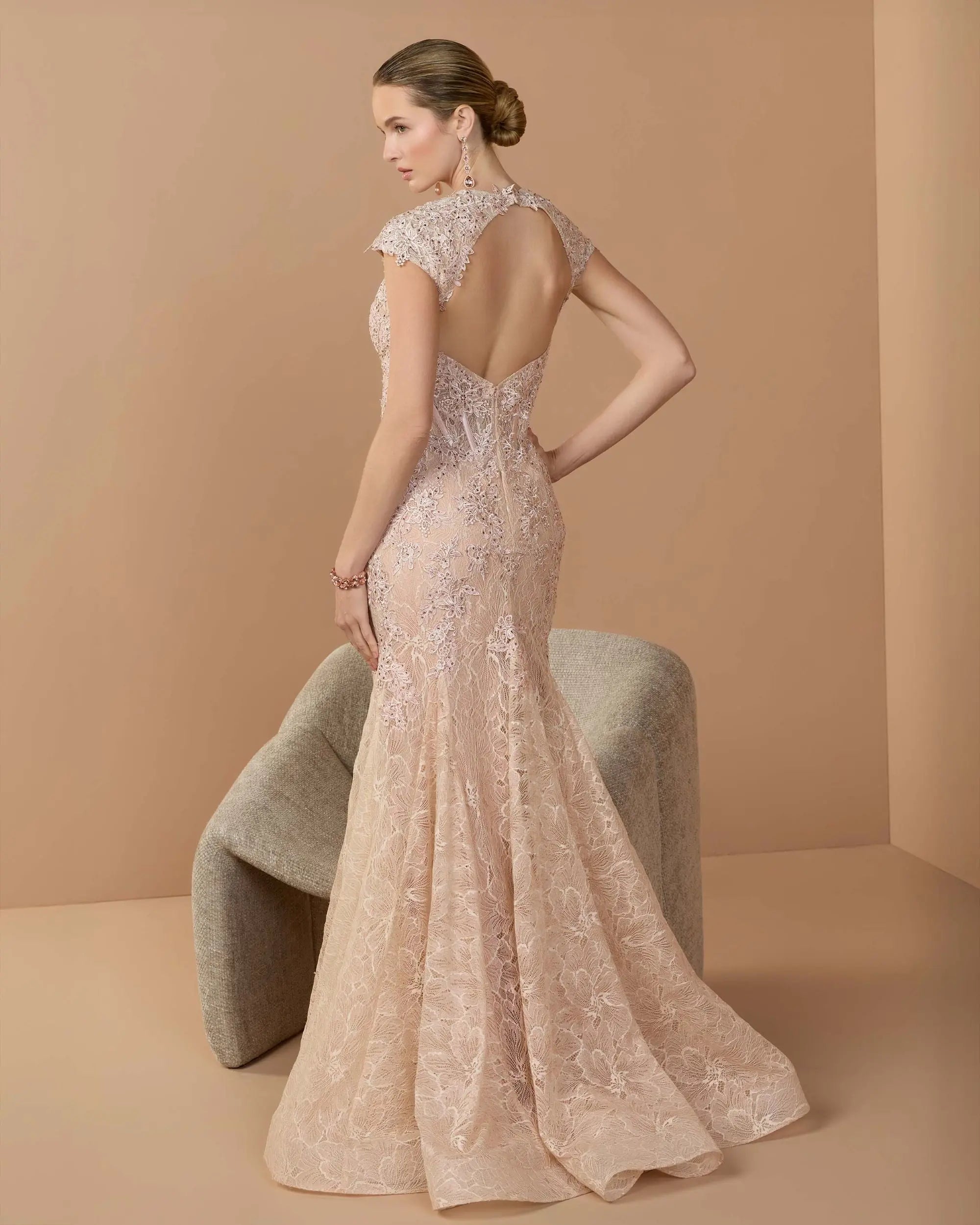 Pink Embroidered Lace Mermaid Gown With Cap Sleeves-Myartka