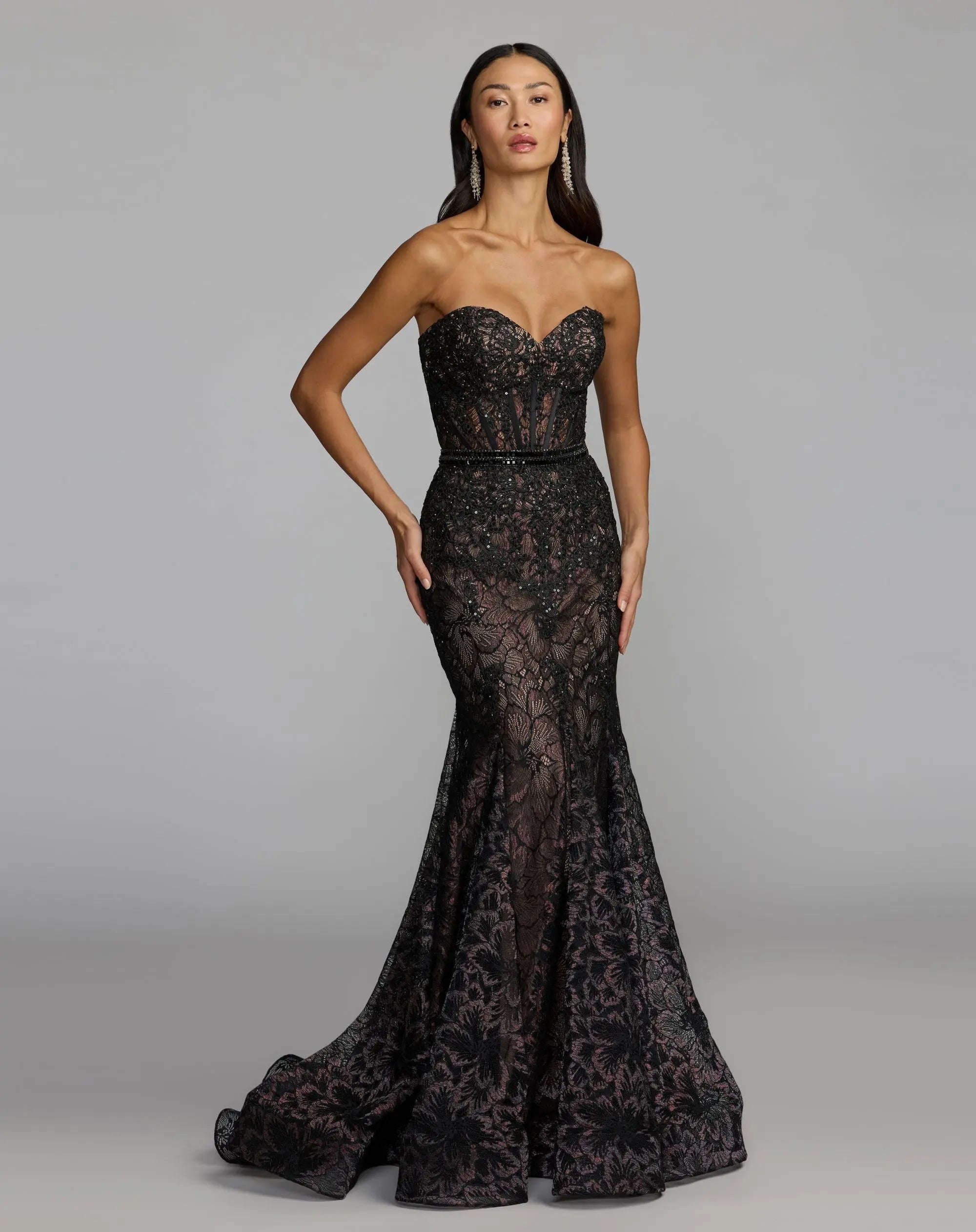 Black Embellished Lace Strapless Trumpet Gown-Myartka