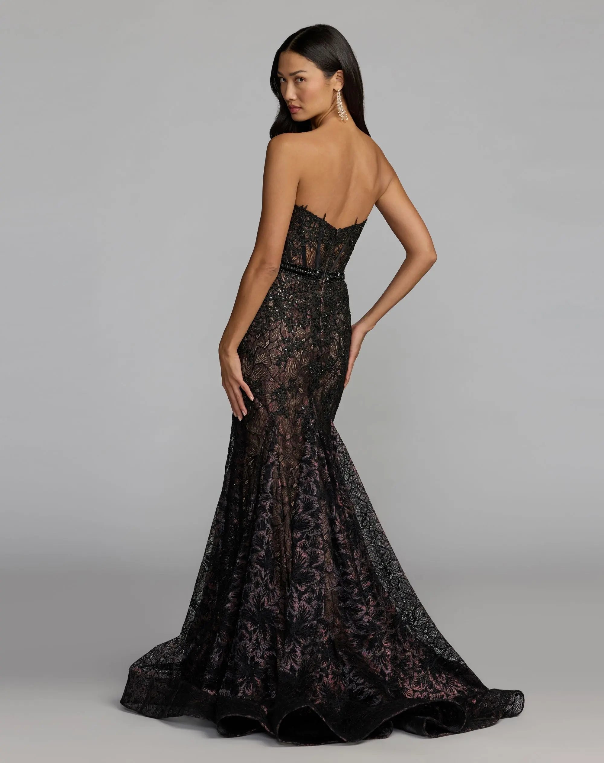 Black Embellished Lace Strapless Trumpet Gown-Myartka