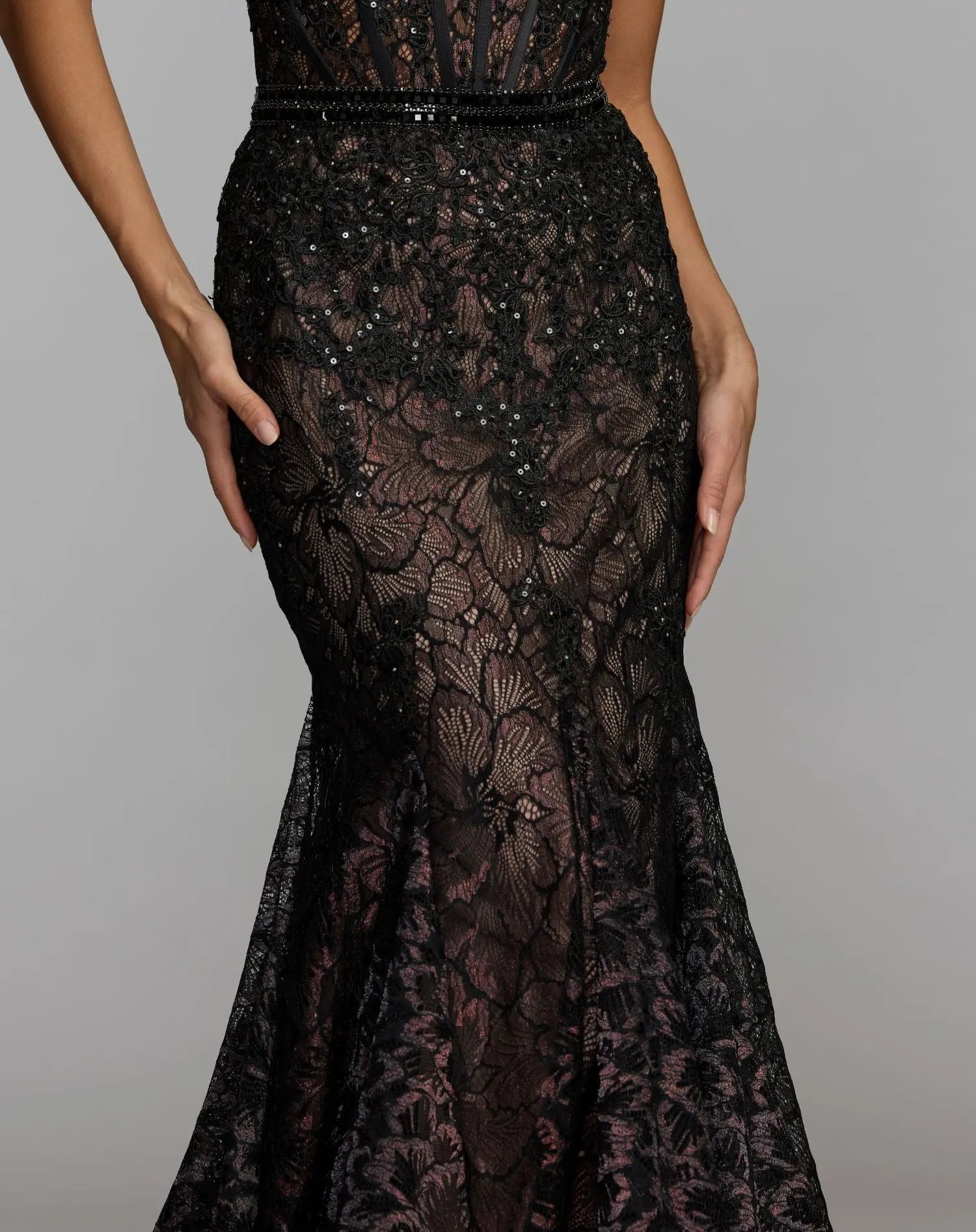 Black Embellished Lace Strapless Trumpet Gown-Myartka