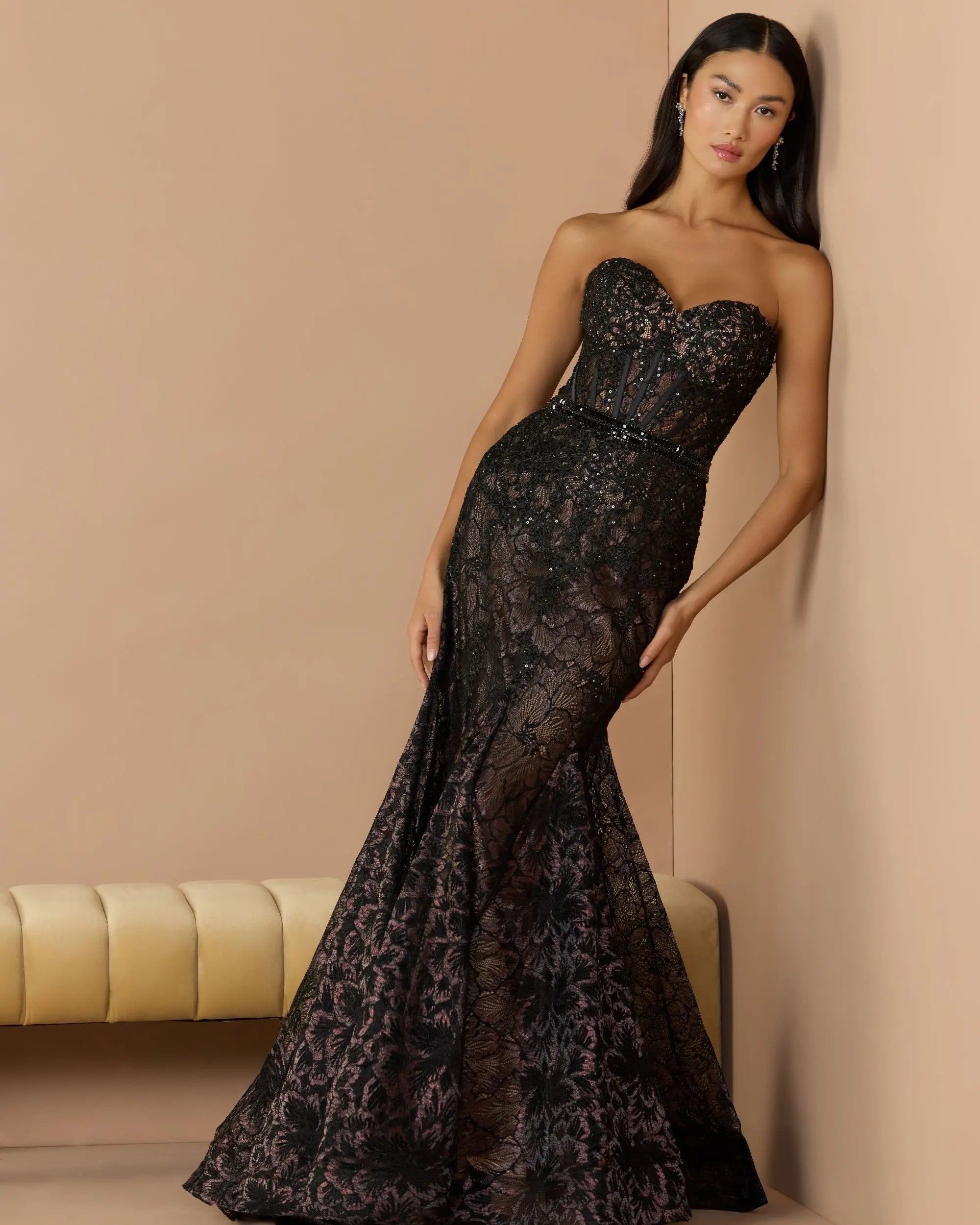 Black Embellished Lace Strapless Trumpet Gown-Myartka
