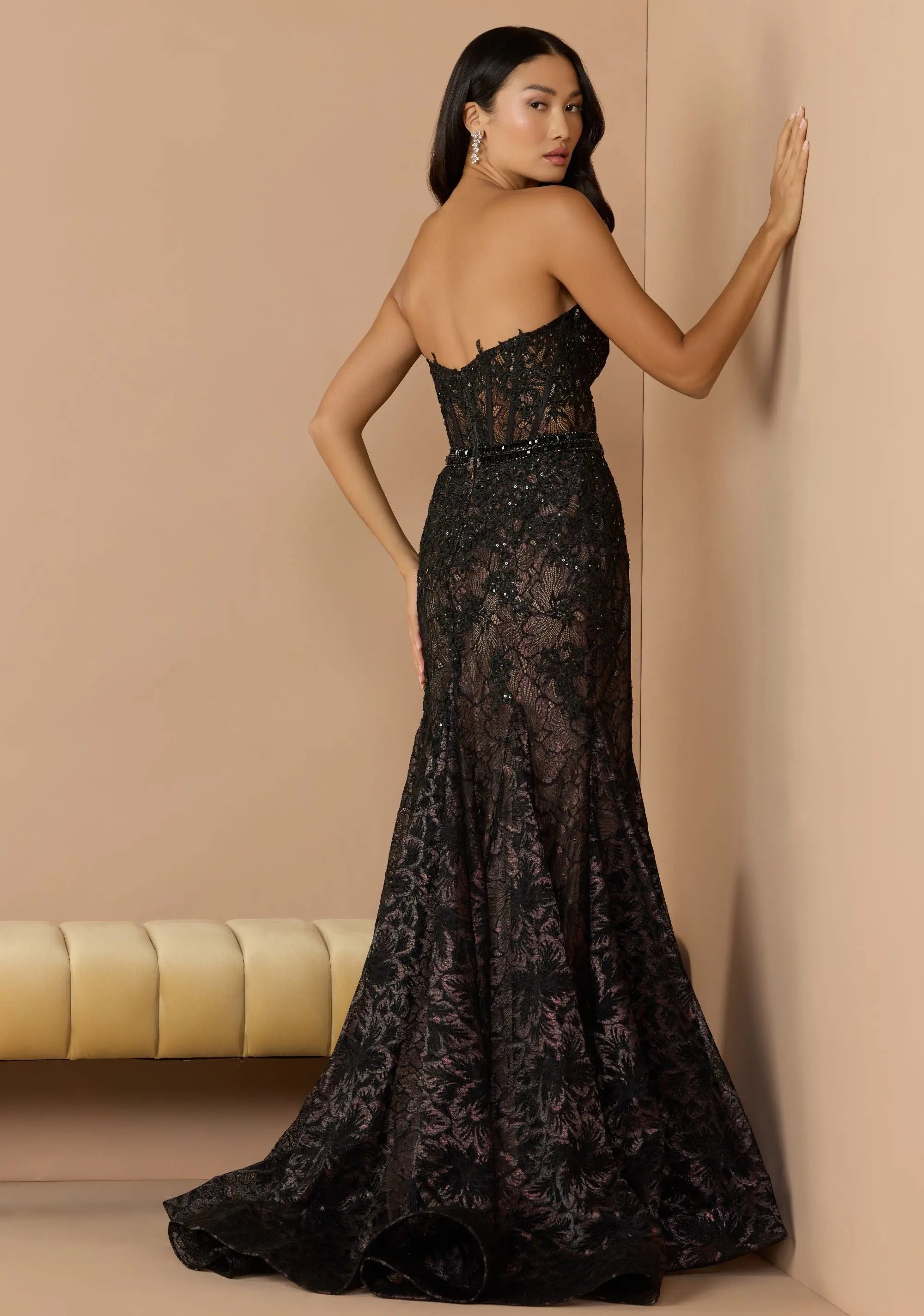 Black Embellished Lace Strapless Trumpet Gown-Myartka