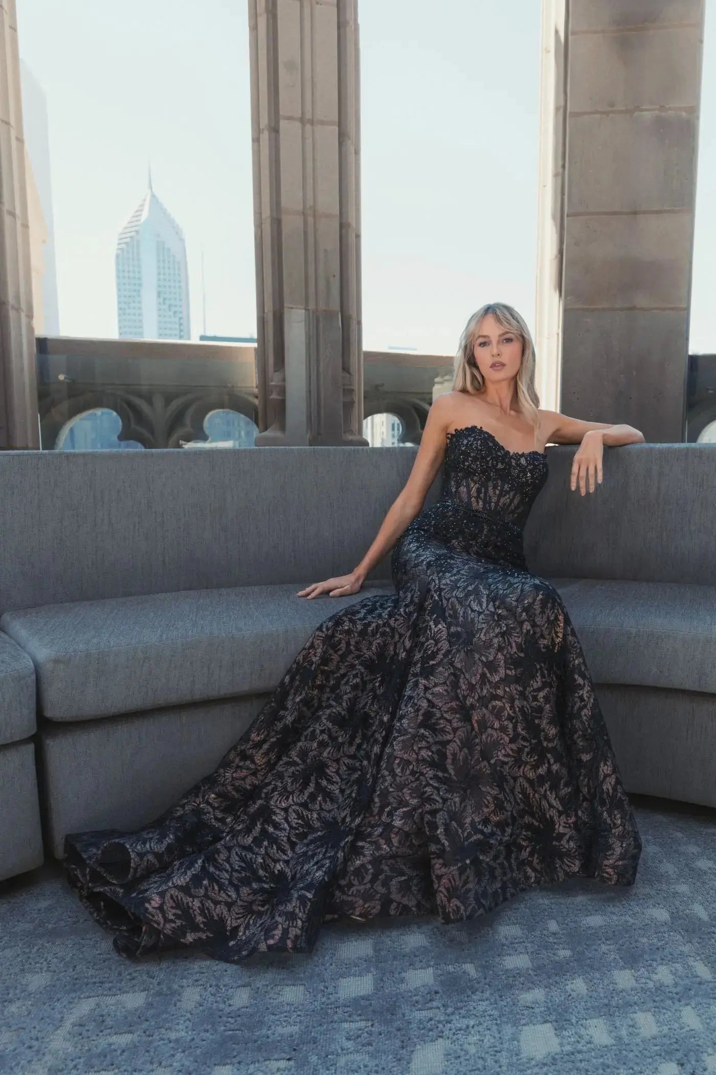 Black Embellished Lace Strapless Trumpet Gown-Myartka