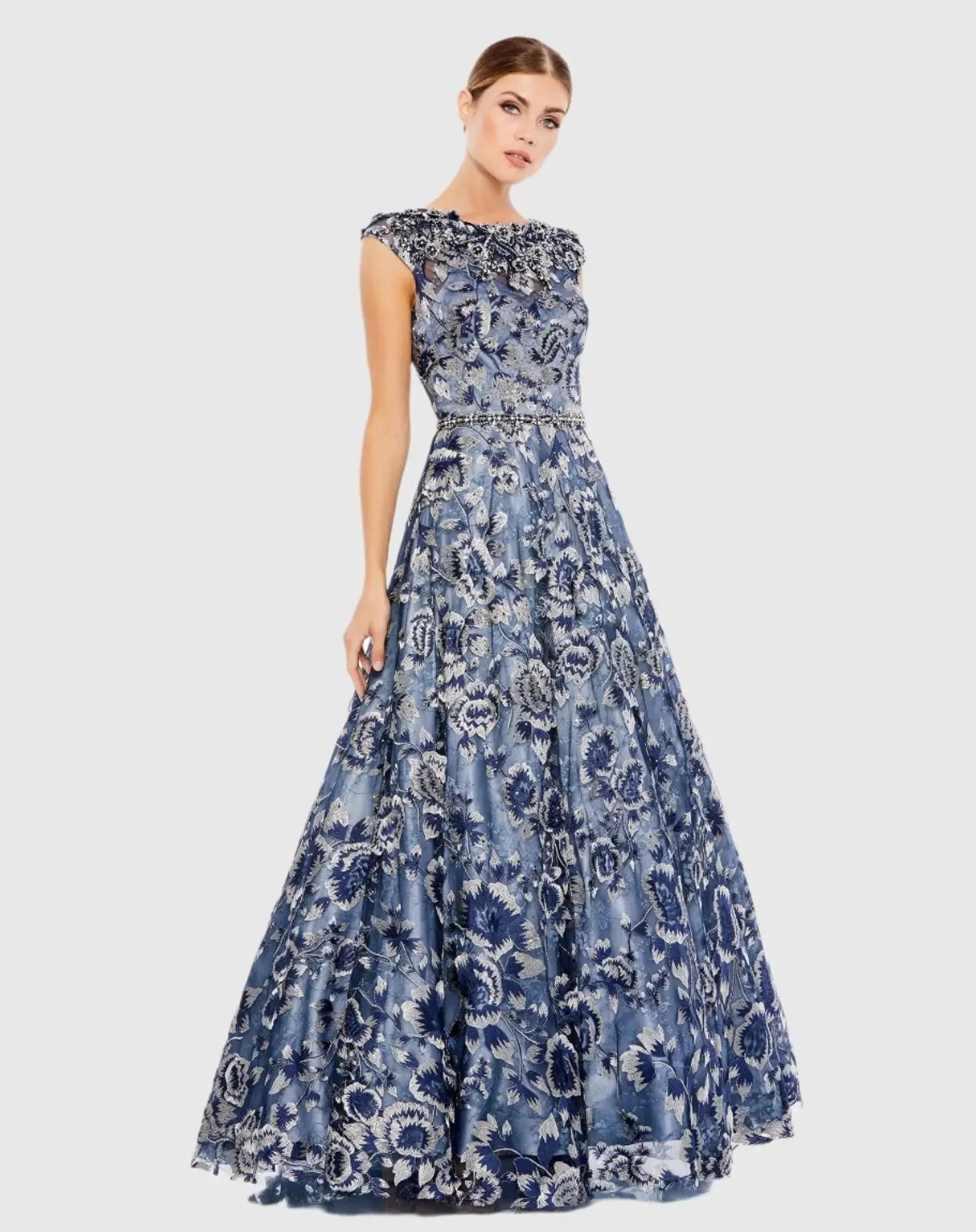 Blue Embellished Cap Sleeve High Neck Ball Gown-Myartka