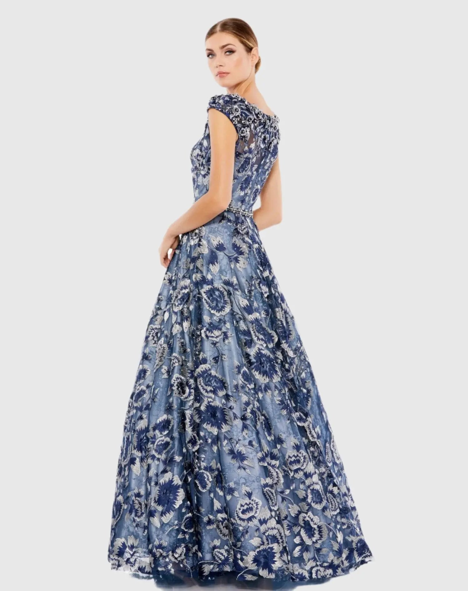 Blue Embellished Cap Sleeve High Neck Ball Gown-Myartka