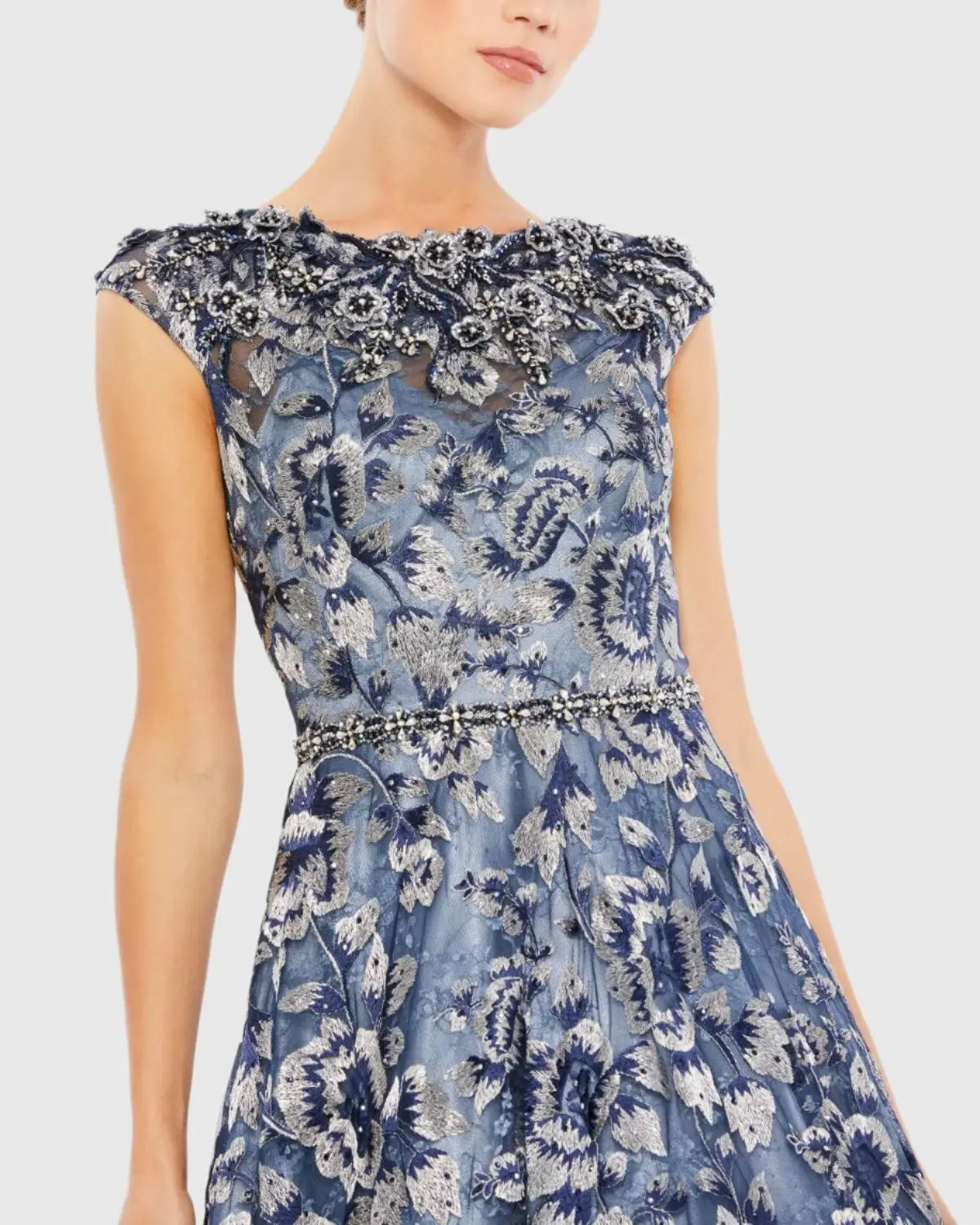 Blue Embellished Cap Sleeve High Neck Ball Gown-Myartka