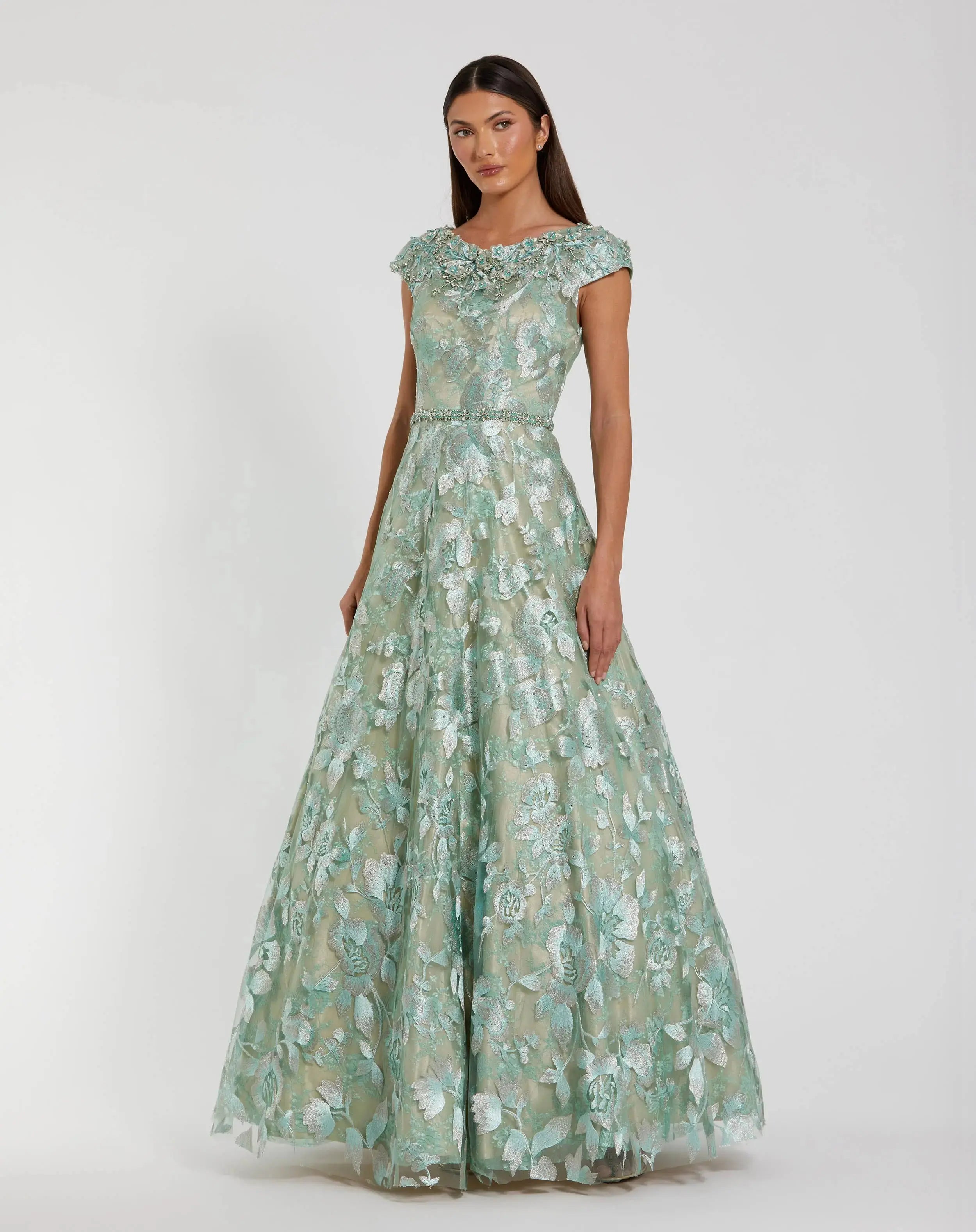 Green Embellished Cap Sleeve High Neck A-Line Ball Gown-Myartka