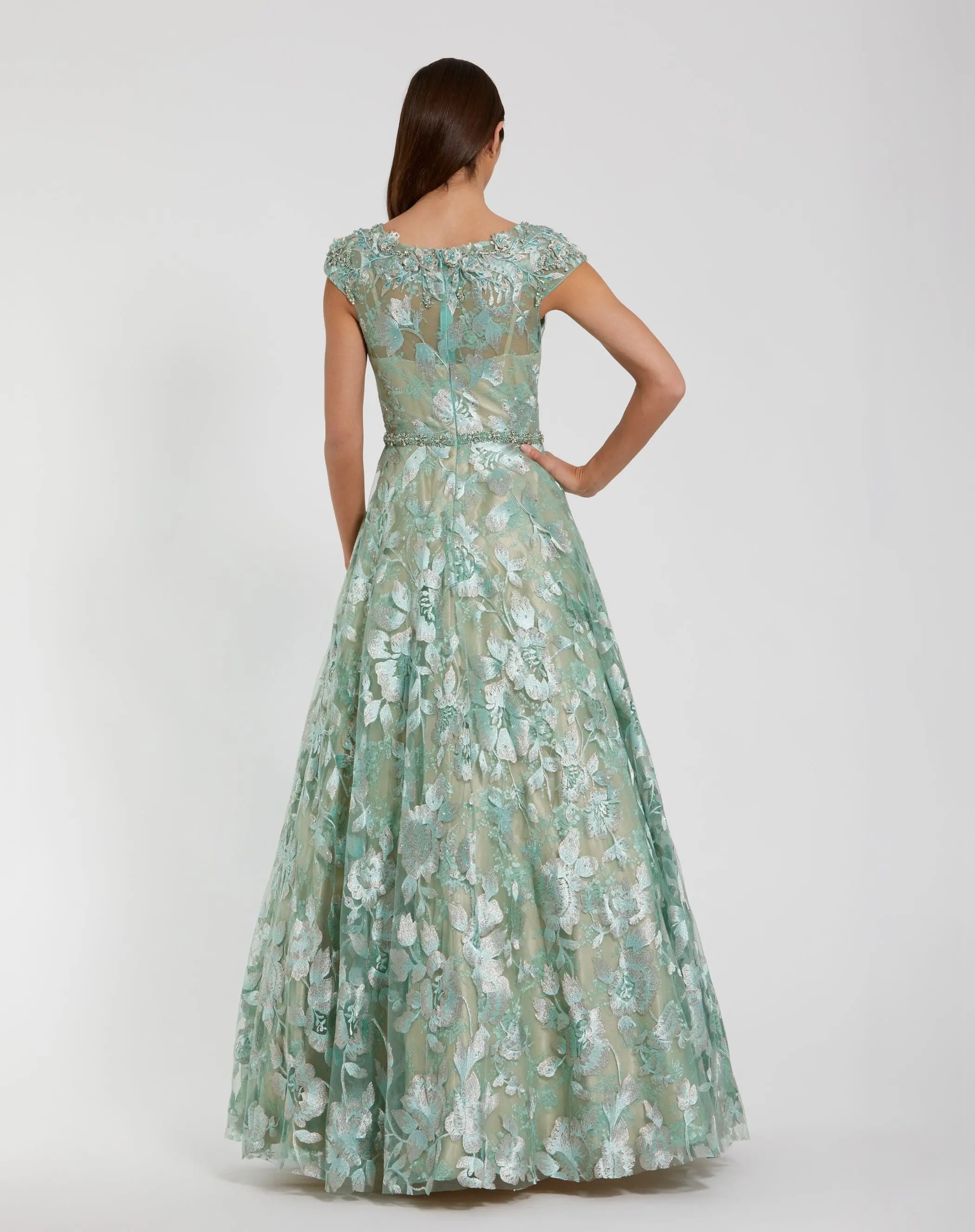 Green Embellished Cap Sleeve High Neck A-Line Ball Gown-Myartka