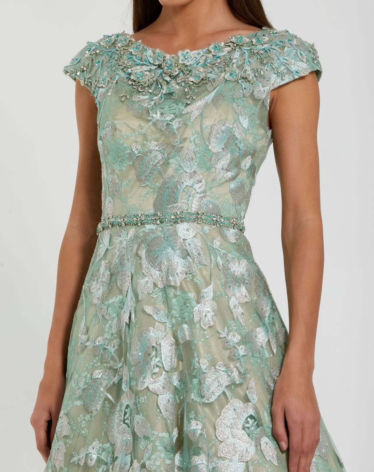 Green Embellished Cap Sleeve High Neck A-Line Ball Gown-Myartka