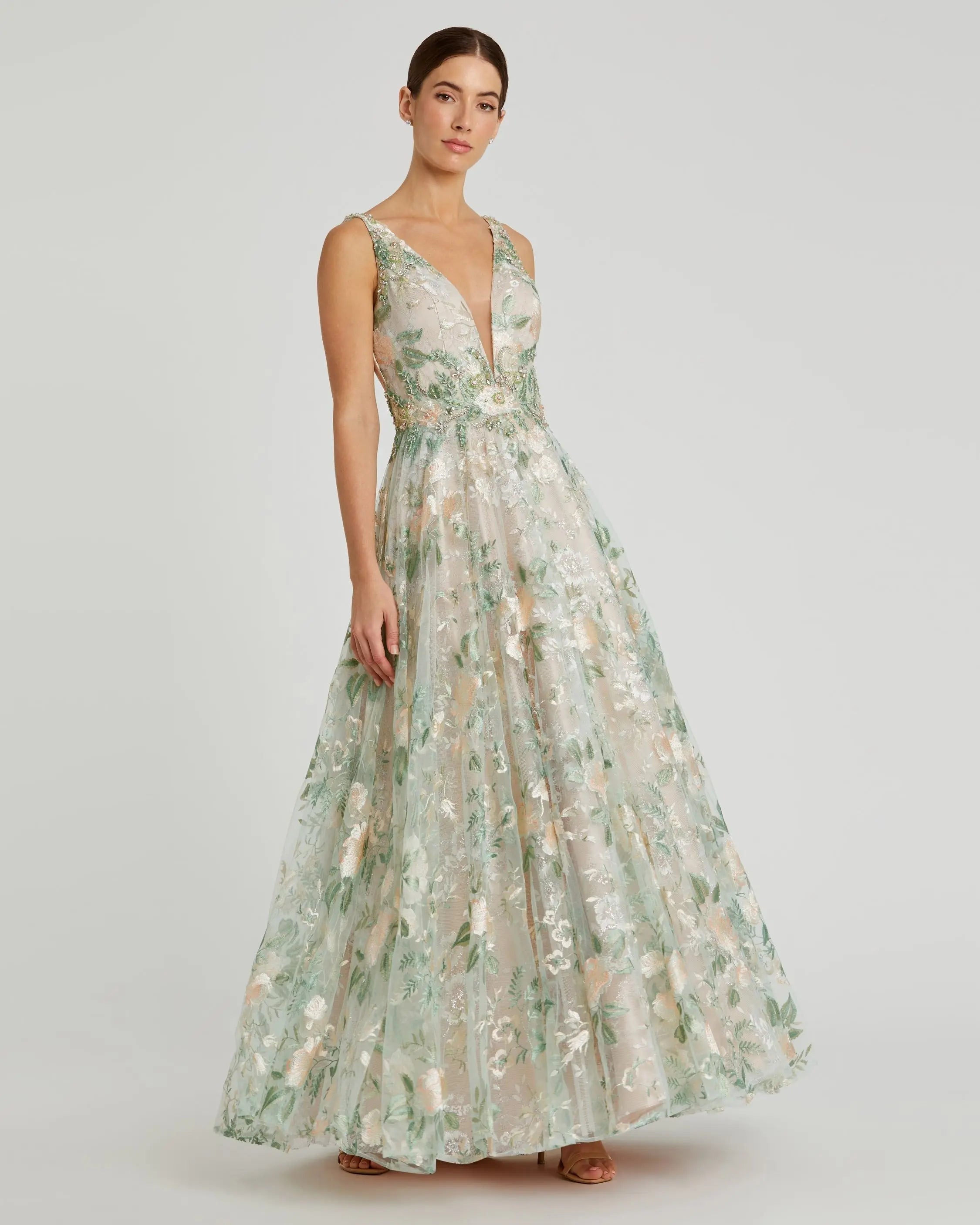 Multicolor Floral Embroidered Illusion V-Neck Gown-Myartka