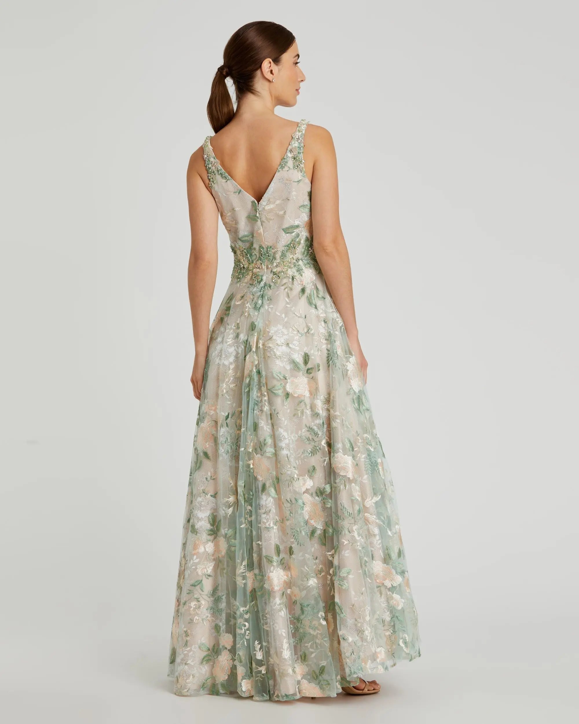 Multicolor Floral Embroidered Illusion V-Neck Gown-Myartka