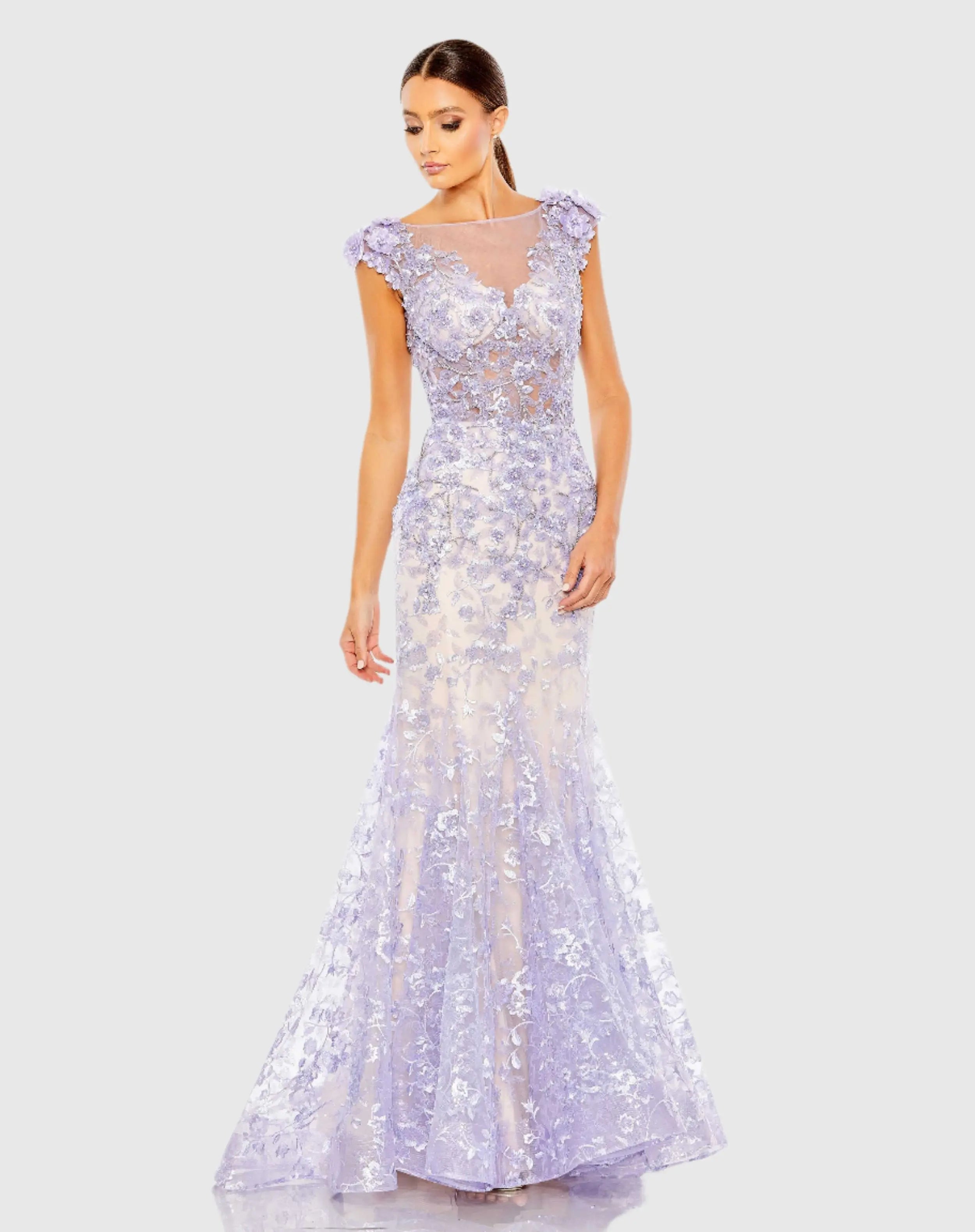 Purple Embellished Cap Sleeve Illusion Neck Trumpet Gown - FINAL SALE-Myartka