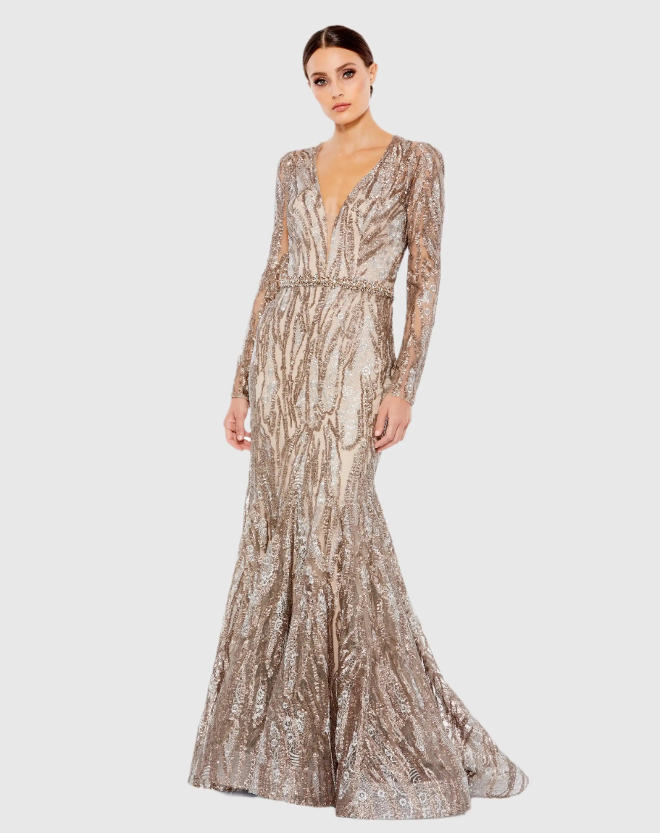 Beige Embellished Long Sleeve Plunge Neck Trumpet Gown-Myartka