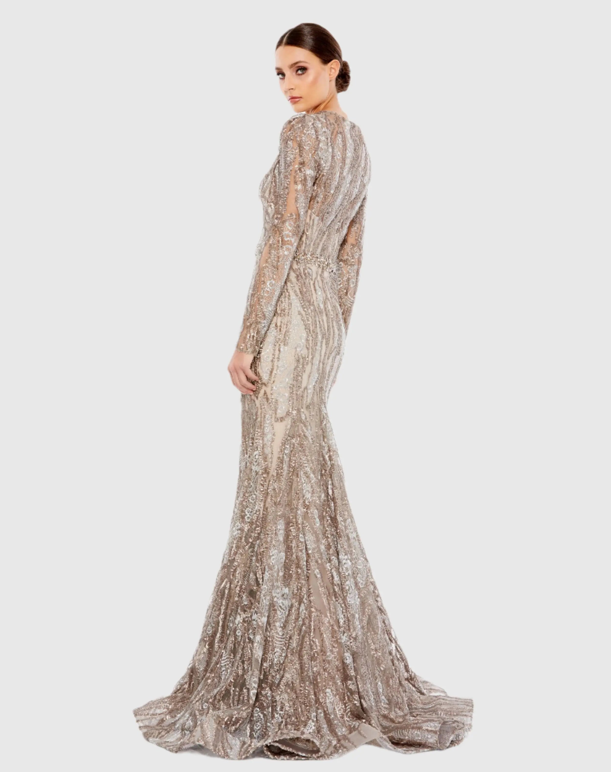 Beige Embellished Long Sleeve Plunge Neck Trumpet Gown-Myartka