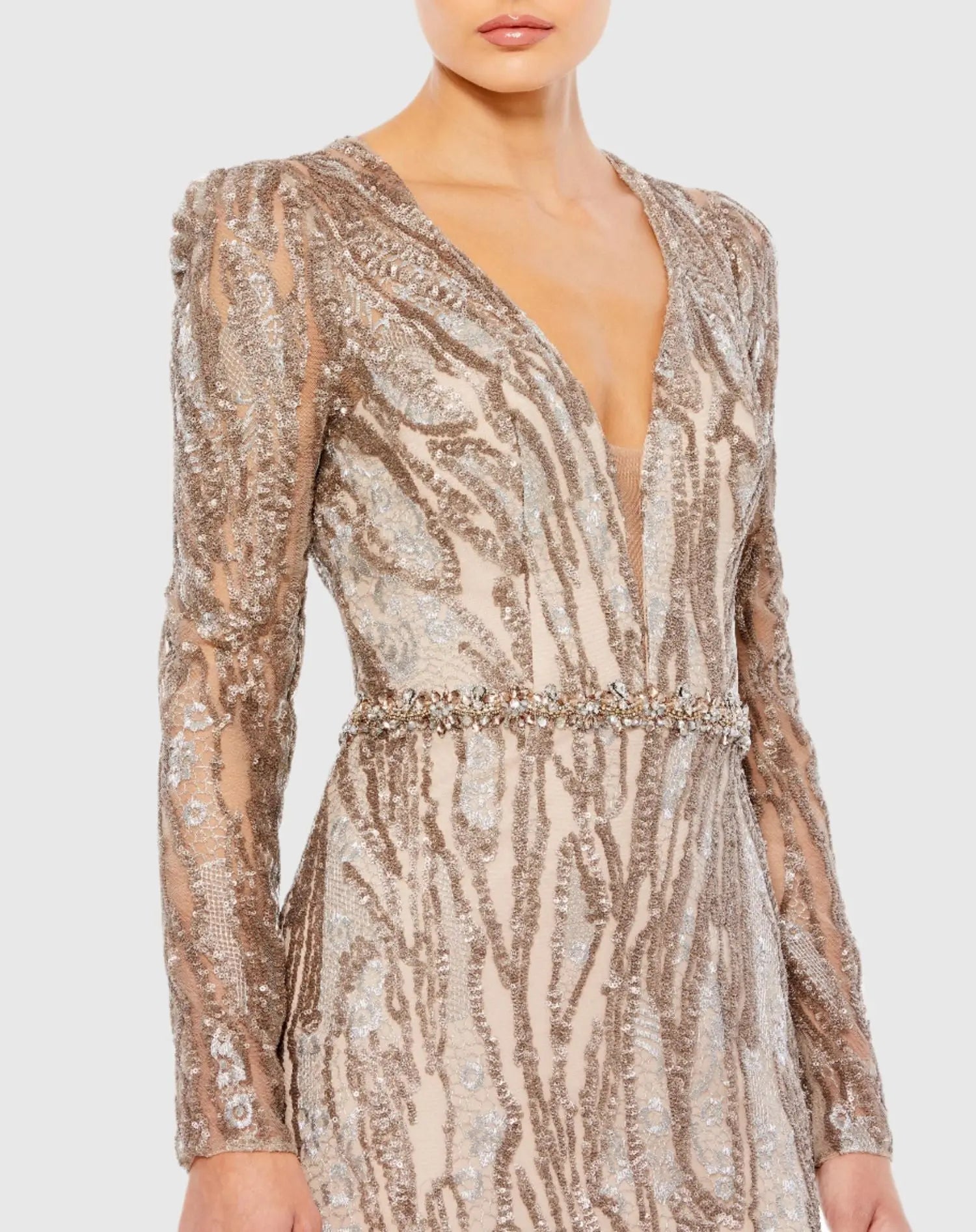 Beige Embellished Long Sleeve Plunge Neck Trumpet Gown-Myartka