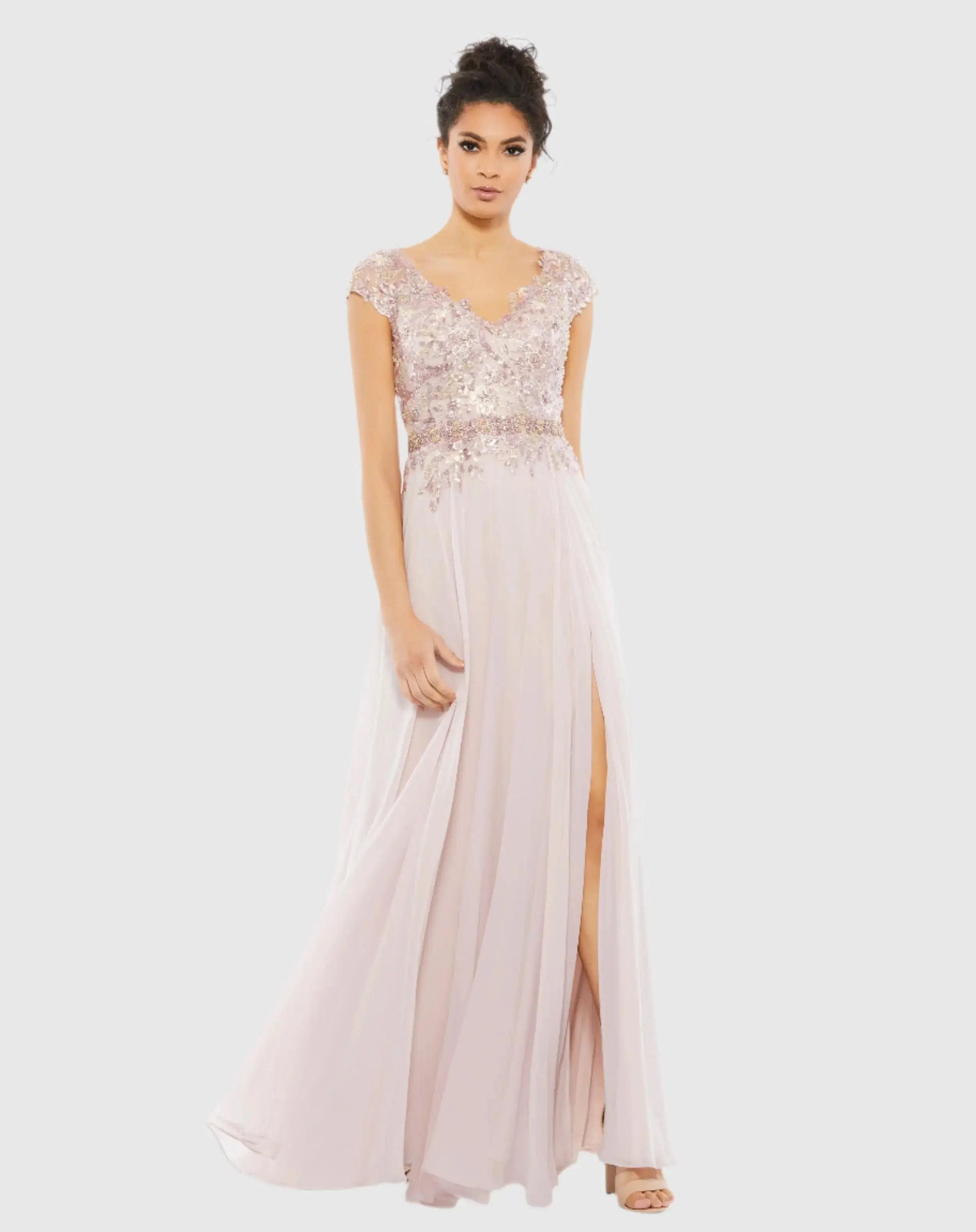 Pink Embellished Cap Sleeve Bodice Flowy Gown-Myartka