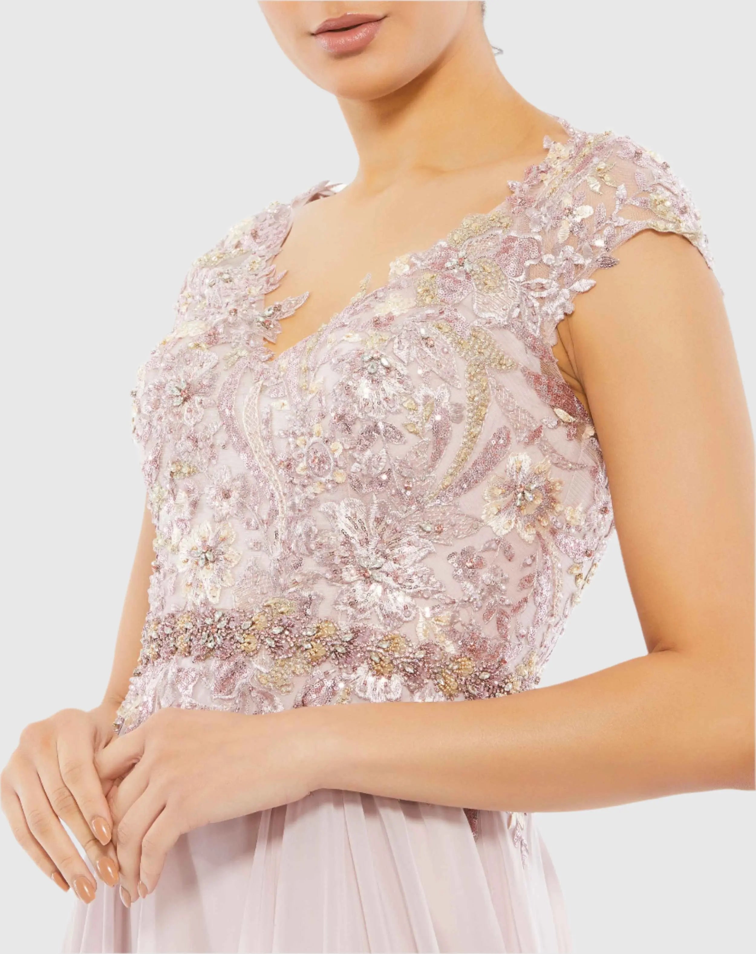 Pink Embellished Cap Sleeve Bodice Flowy Gown-Myartka