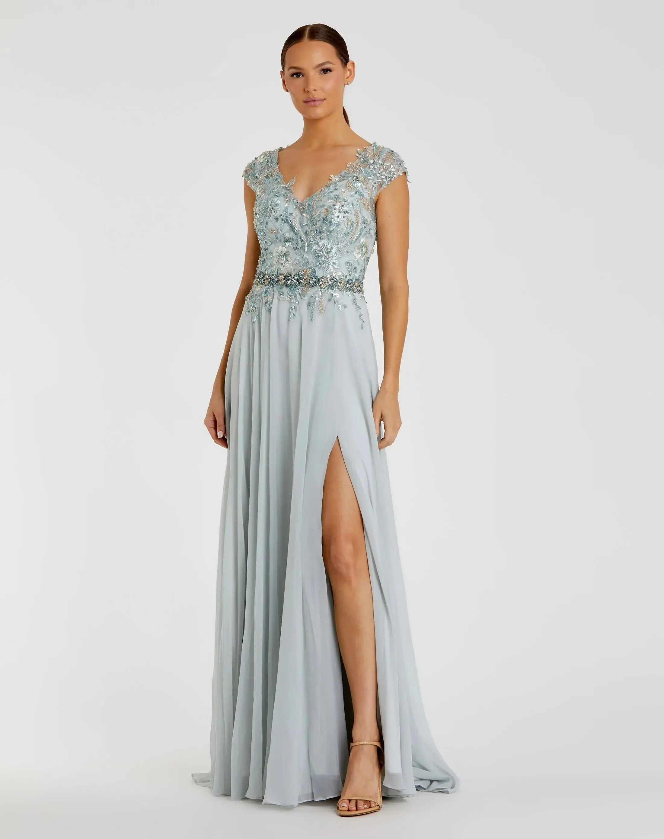 Blue Embellished Chiffon Cap Sleeve A-Line Gown-Myartka
