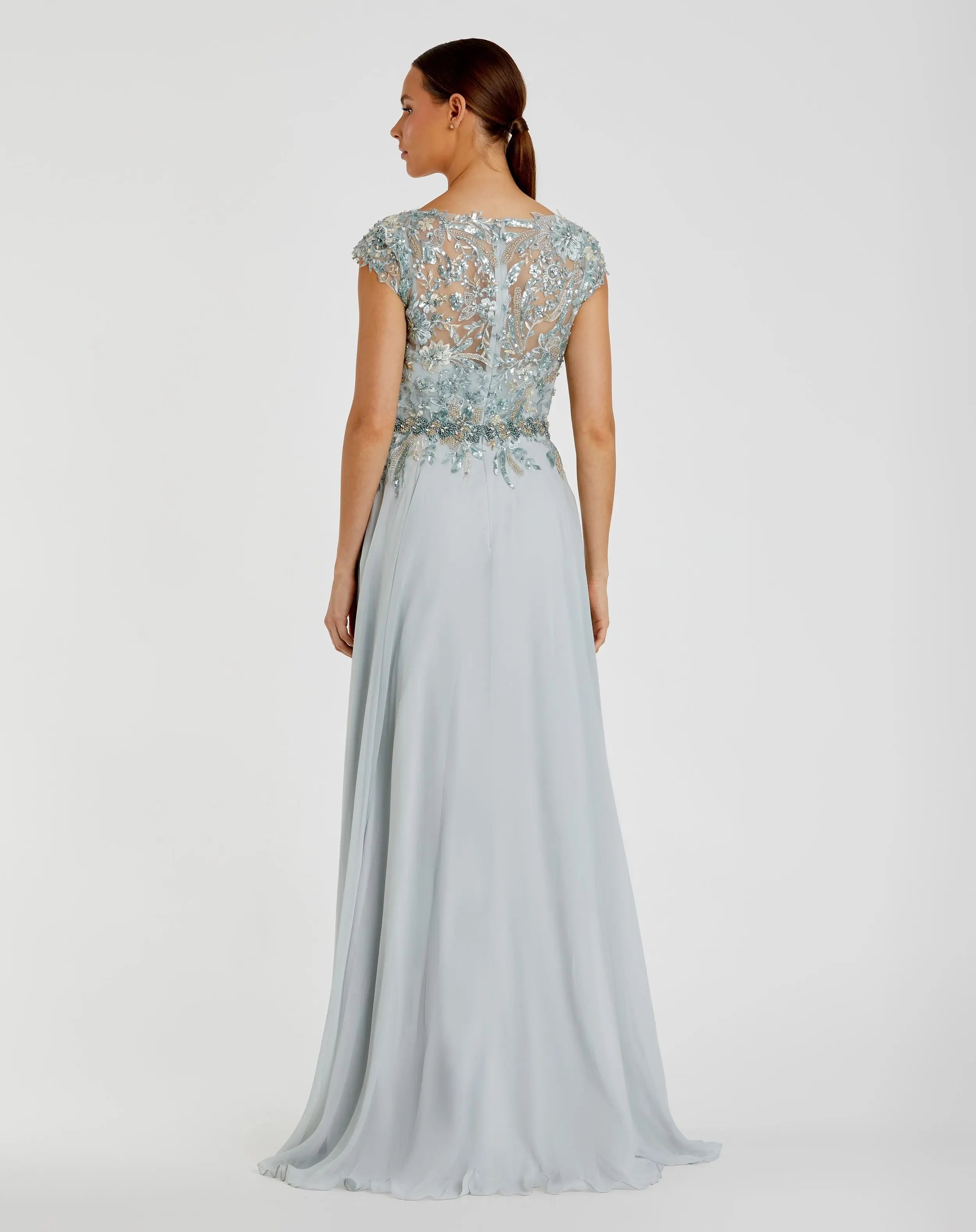 Blue Embellished Chiffon Cap Sleeve A-Line Gown-Myartka