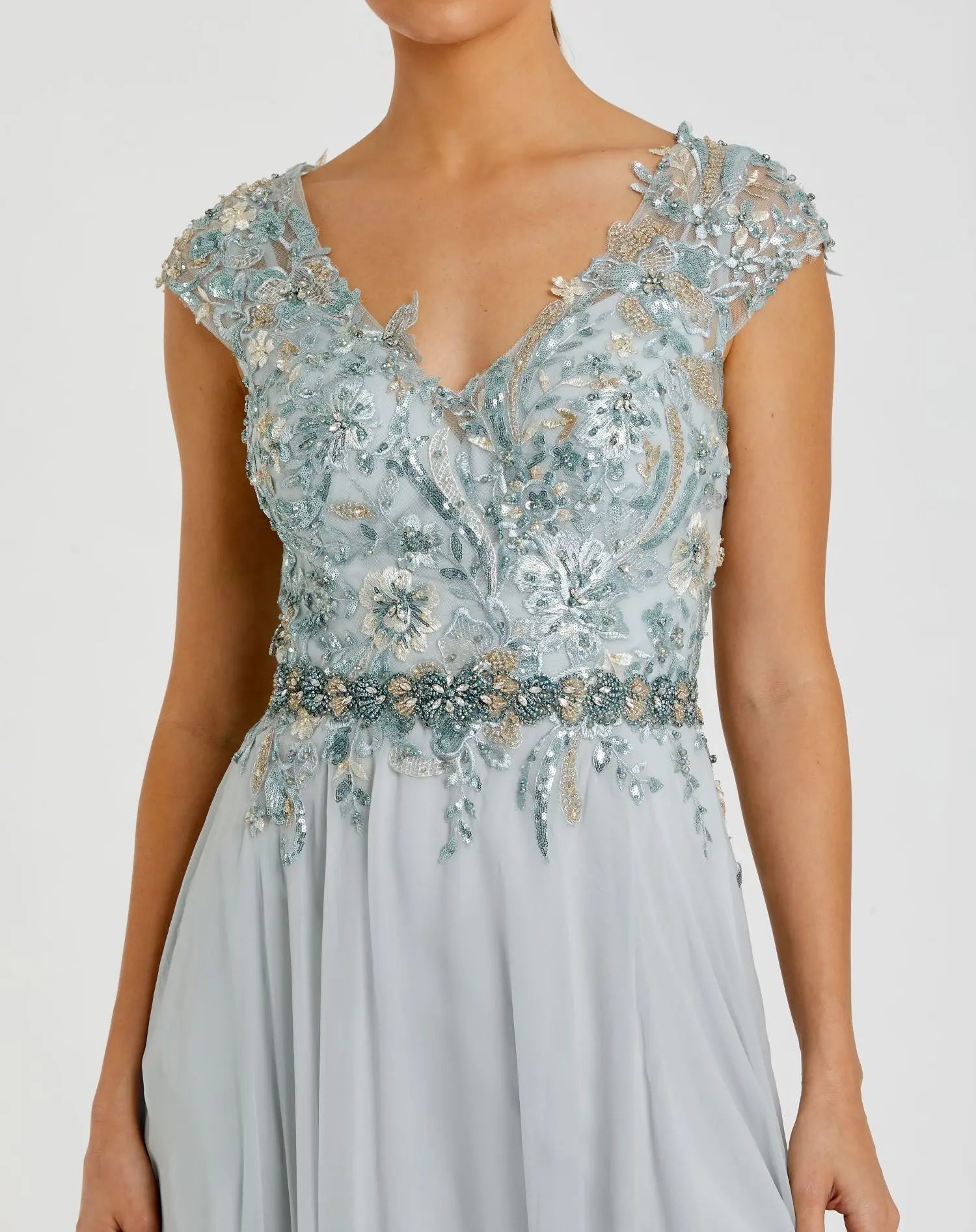 Blue Embellished Chiffon Cap Sleeve A-Line Gown-Myartka