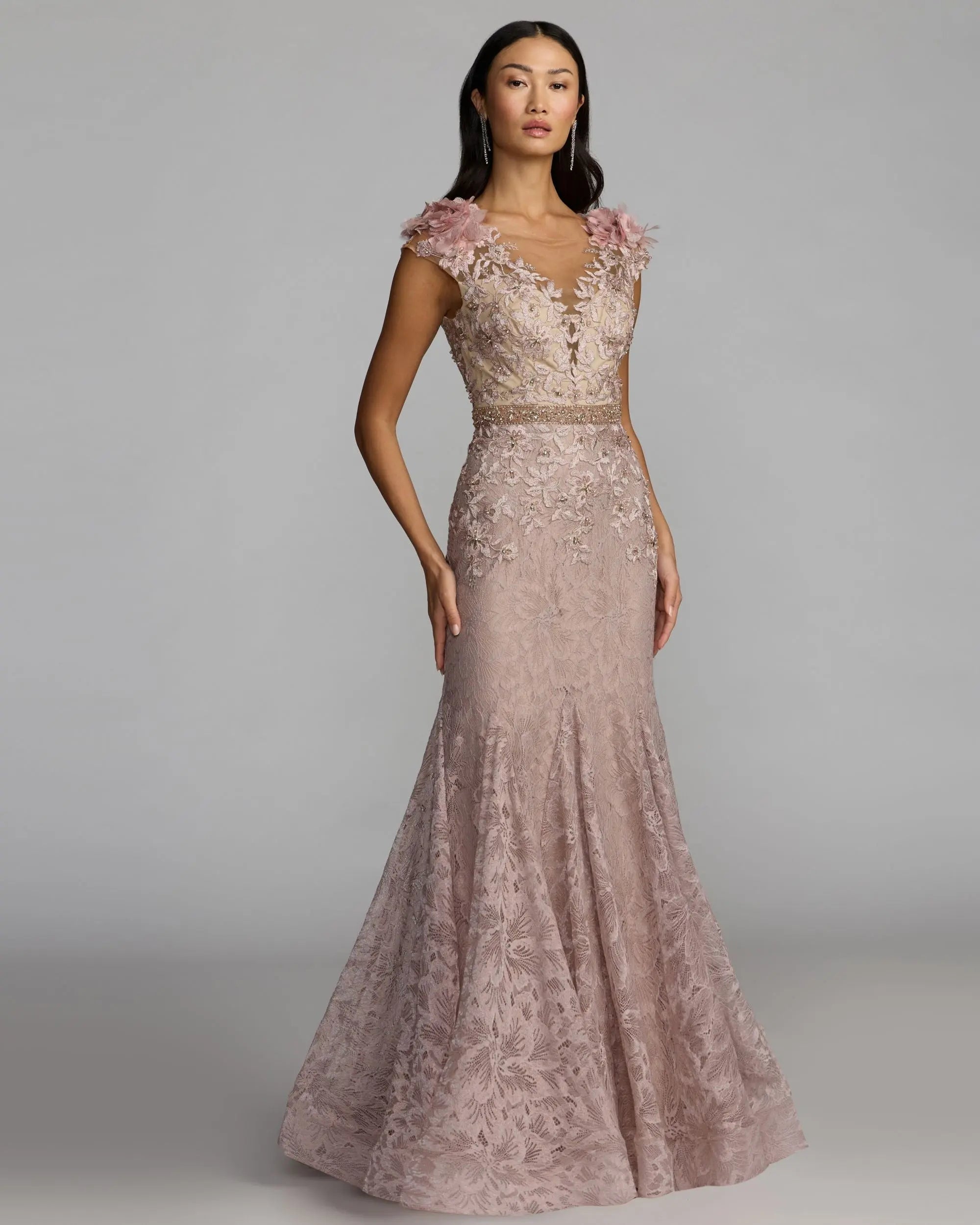 Pink Embellished Lace Illusion Neck Gown With 3D Flowers-Myartka