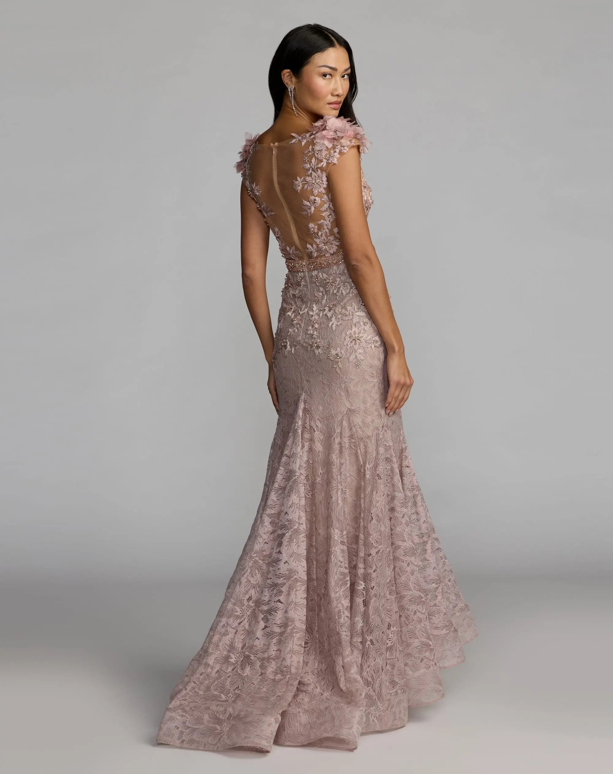 Pink Embellished Lace Illusion Neck Gown With 3D Flowers-Myartka