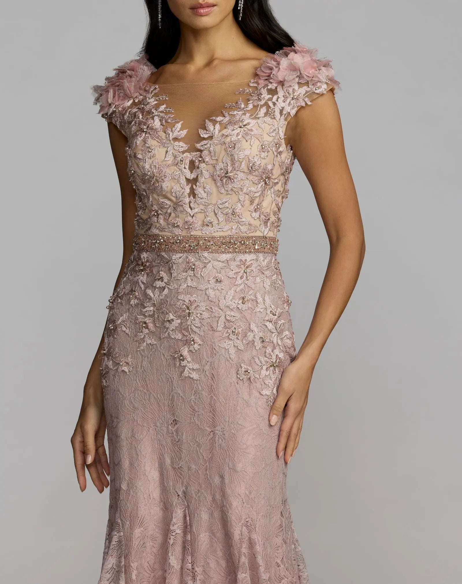 Pink Embellished Lace Illusion Neck Gown With 3D Flowers-Myartka