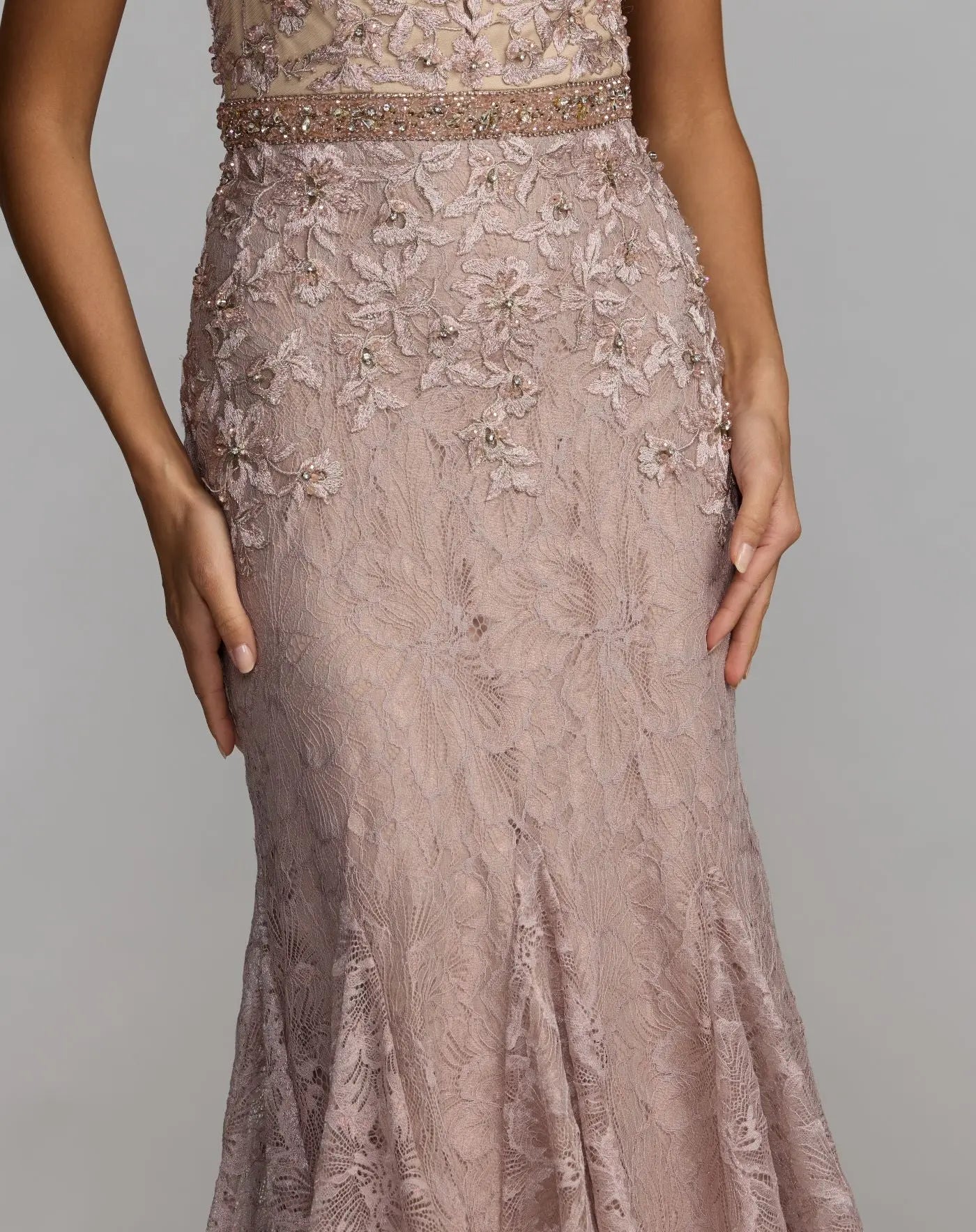 Pink Embellished Lace Illusion Neck Gown With 3D Flowers-Myartka