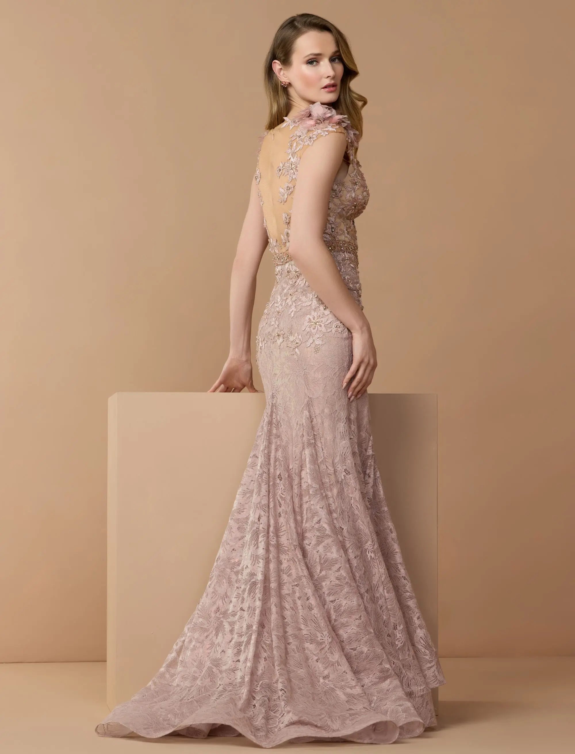 Pink Embellished Lace Illusion Neck Gown With 3D Flowers-Myartka