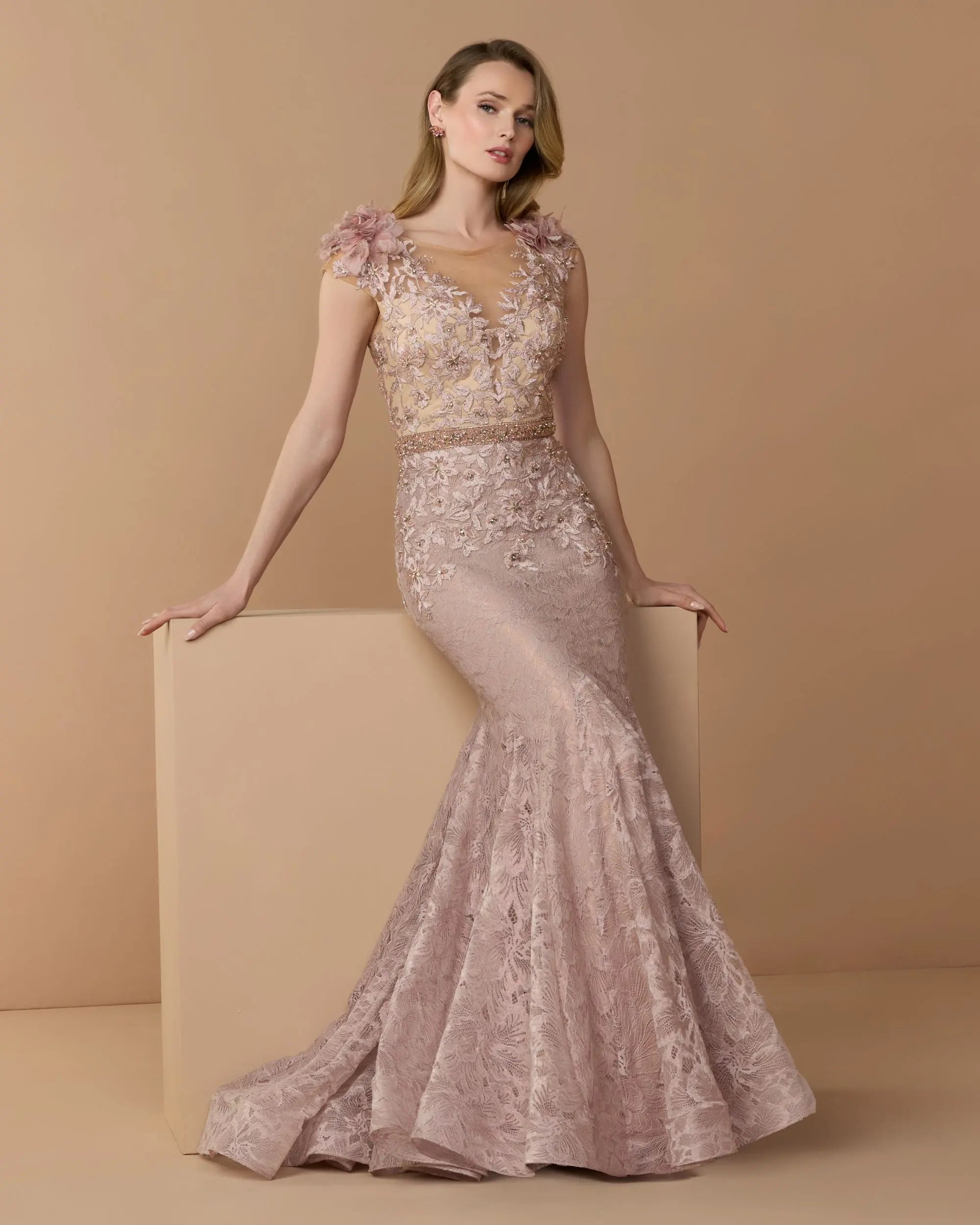 Pink Embellished Lace Illusion Neck Gown With 3D Flowers-Myartka
