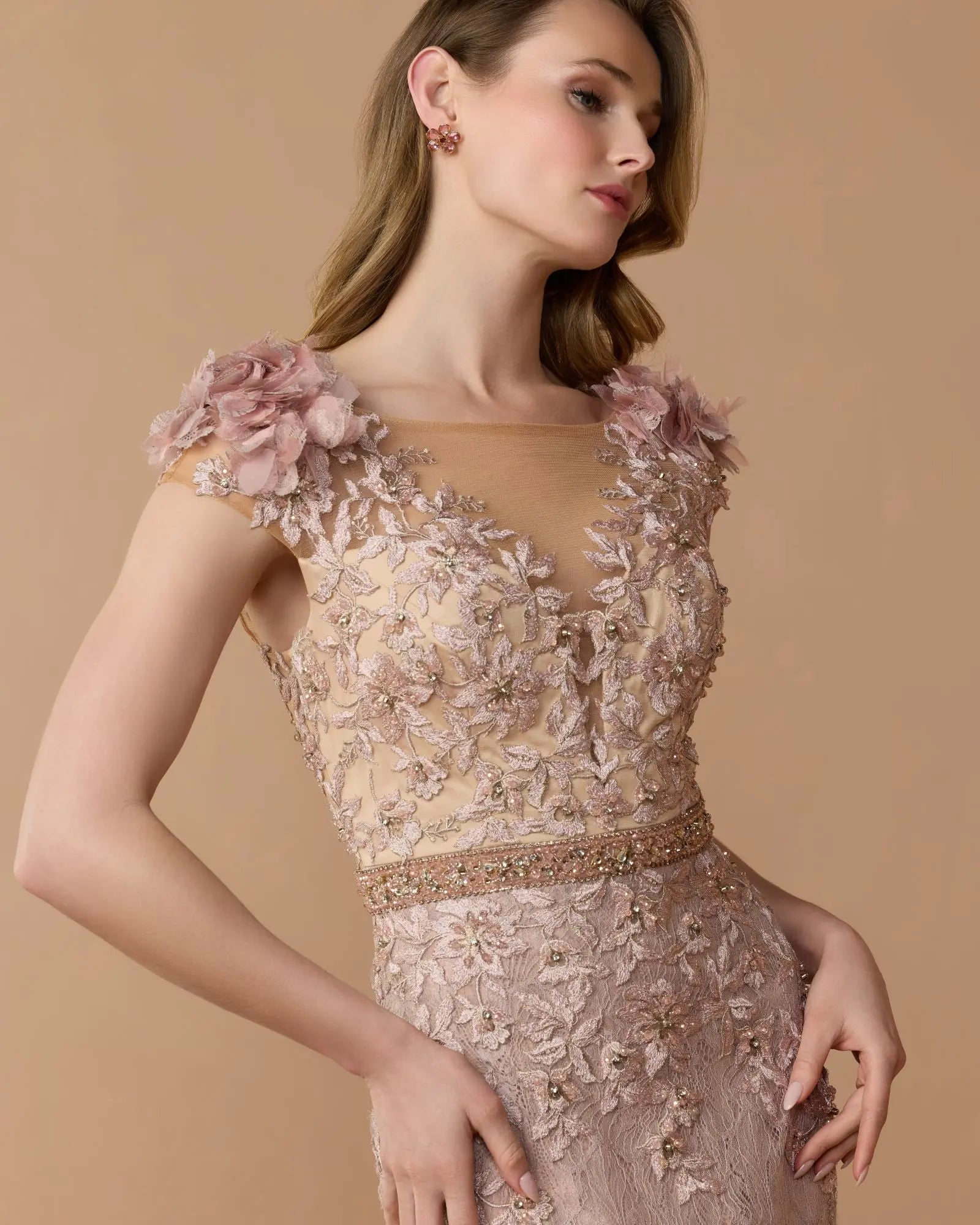 Pink Embellished Lace Illusion Neck Gown With 3D Flowers-Myartka