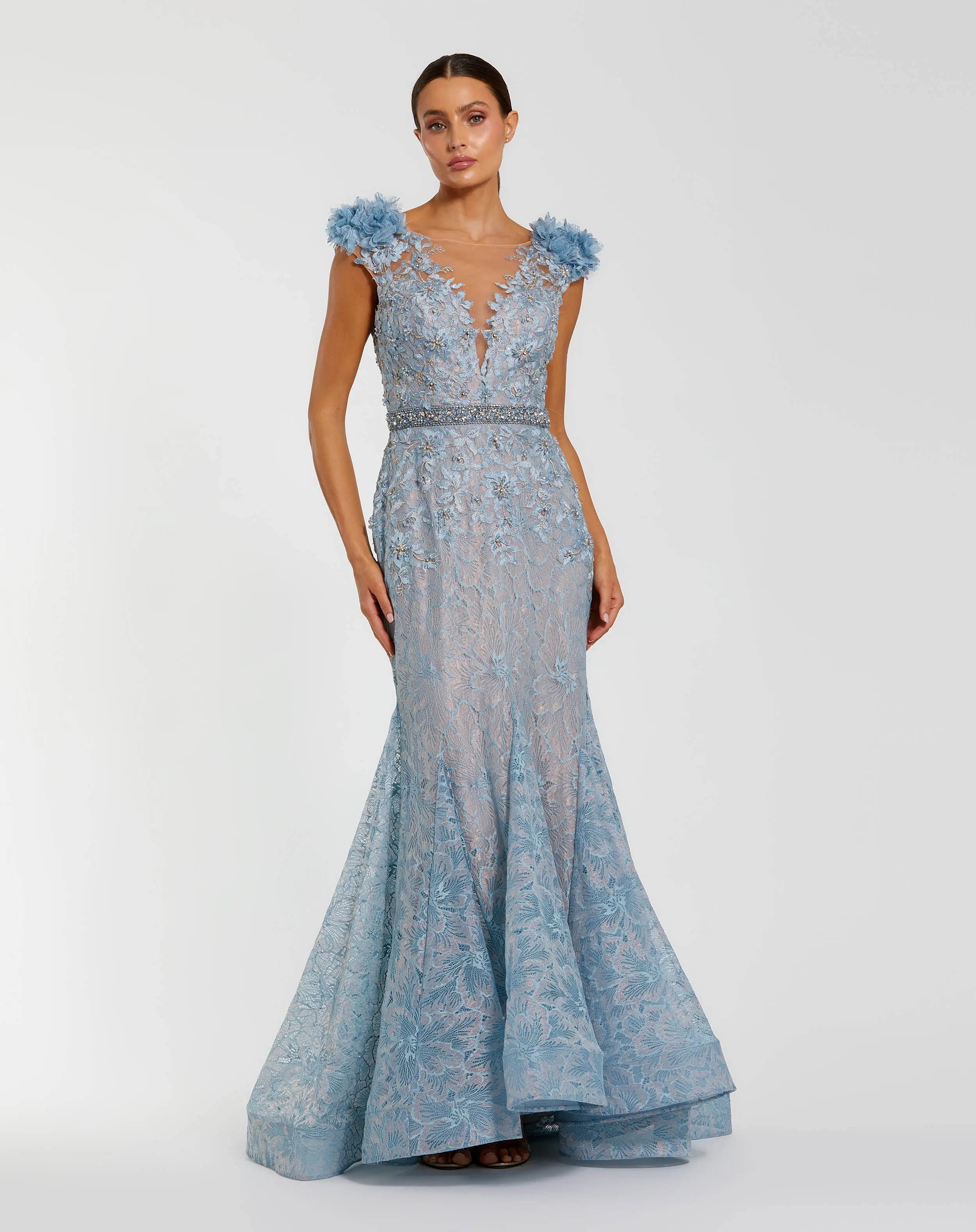 Blue Embellished Lace Illusion Neck Gown With 3D Flowers-Myartka