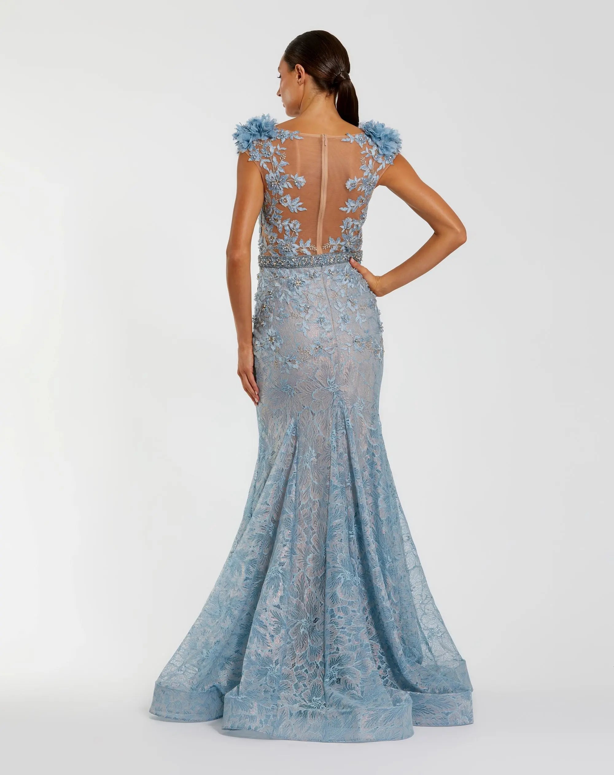 Blue Embellished Lace Illusion Neck Gown With 3D Flowers-Myartka
