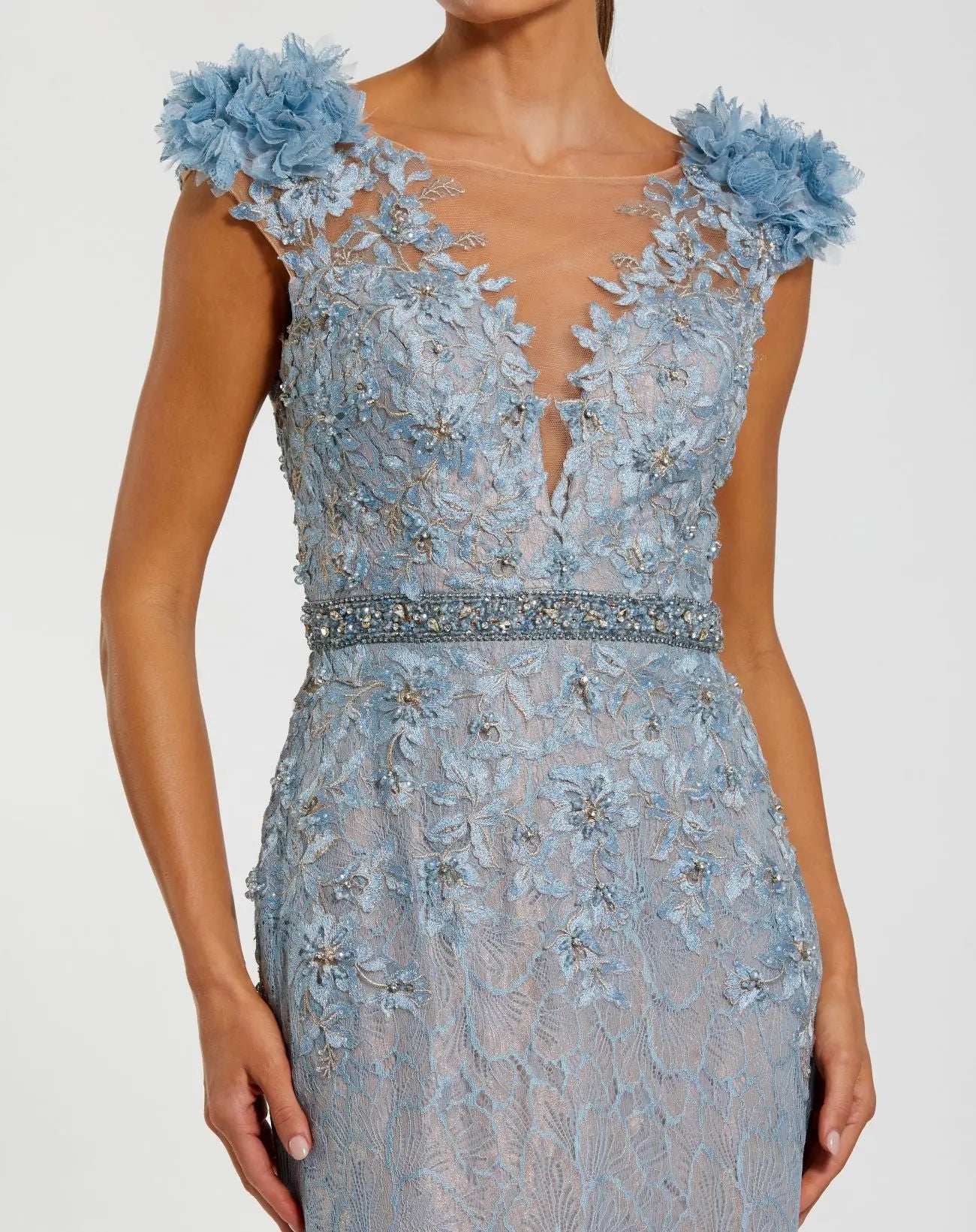 Blue Embellished Lace Illusion Neck Gown With 3D Flowers-Myartka