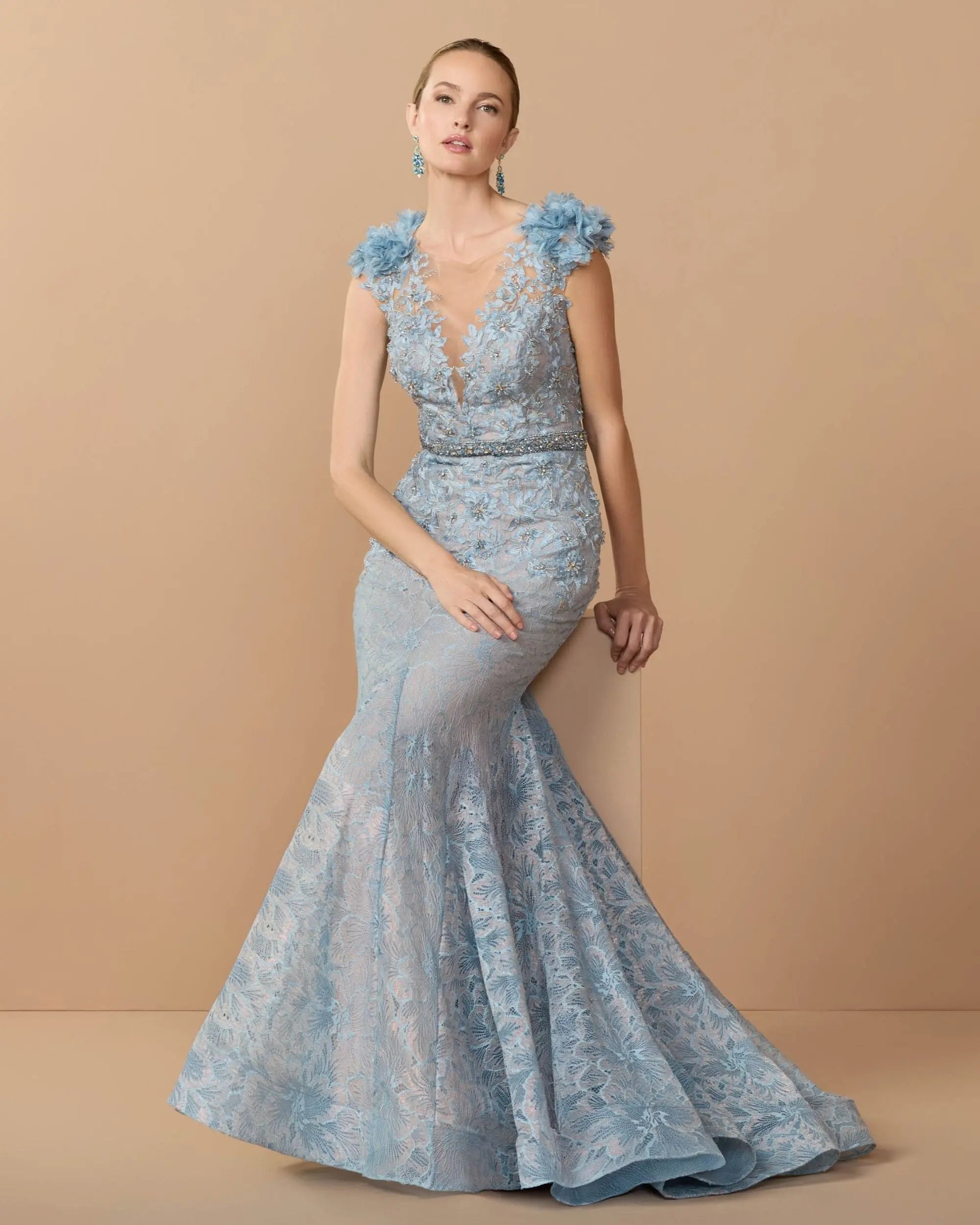Blue Embellished Lace Illusion Neck Gown With 3D Flowers-Myartka